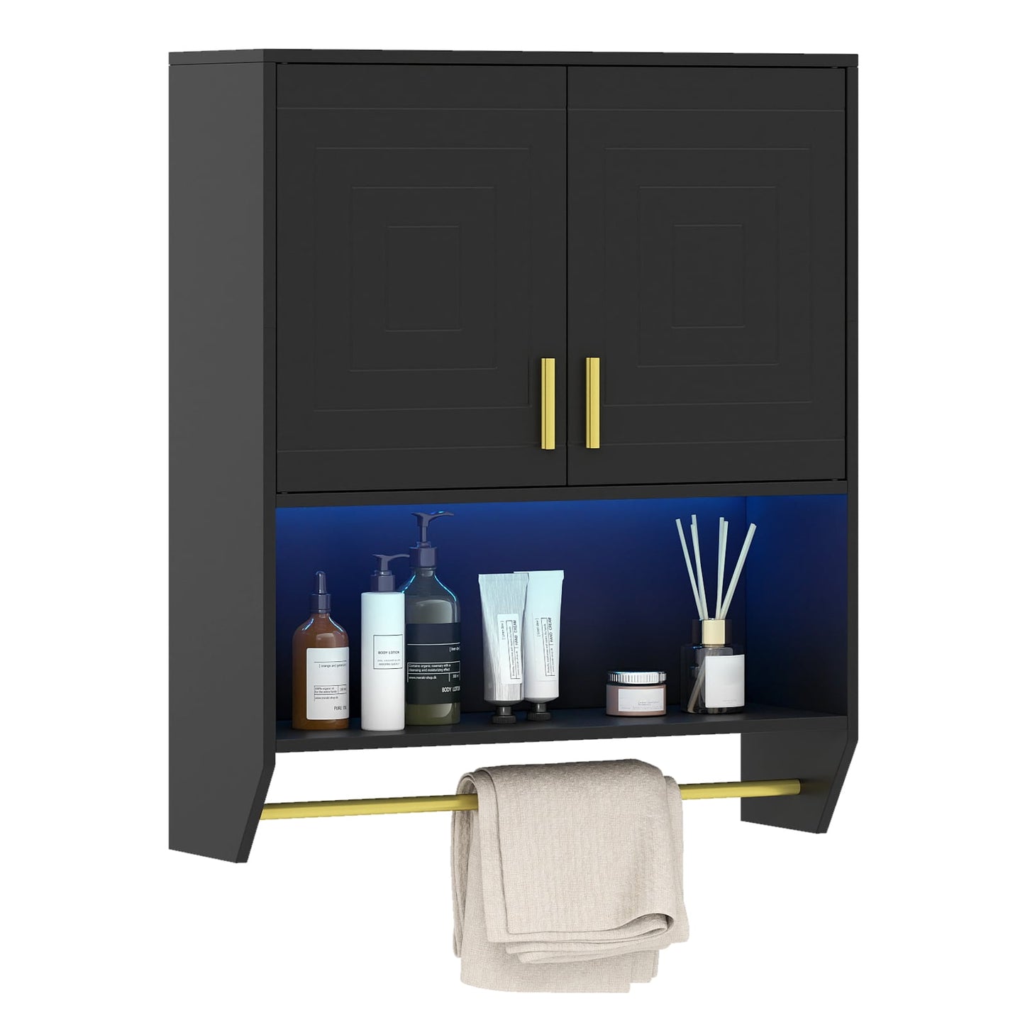 Wall Mounted Bathroom Cabinet Over the Toilet Storage Cabinet with 3-Color Lights-Black