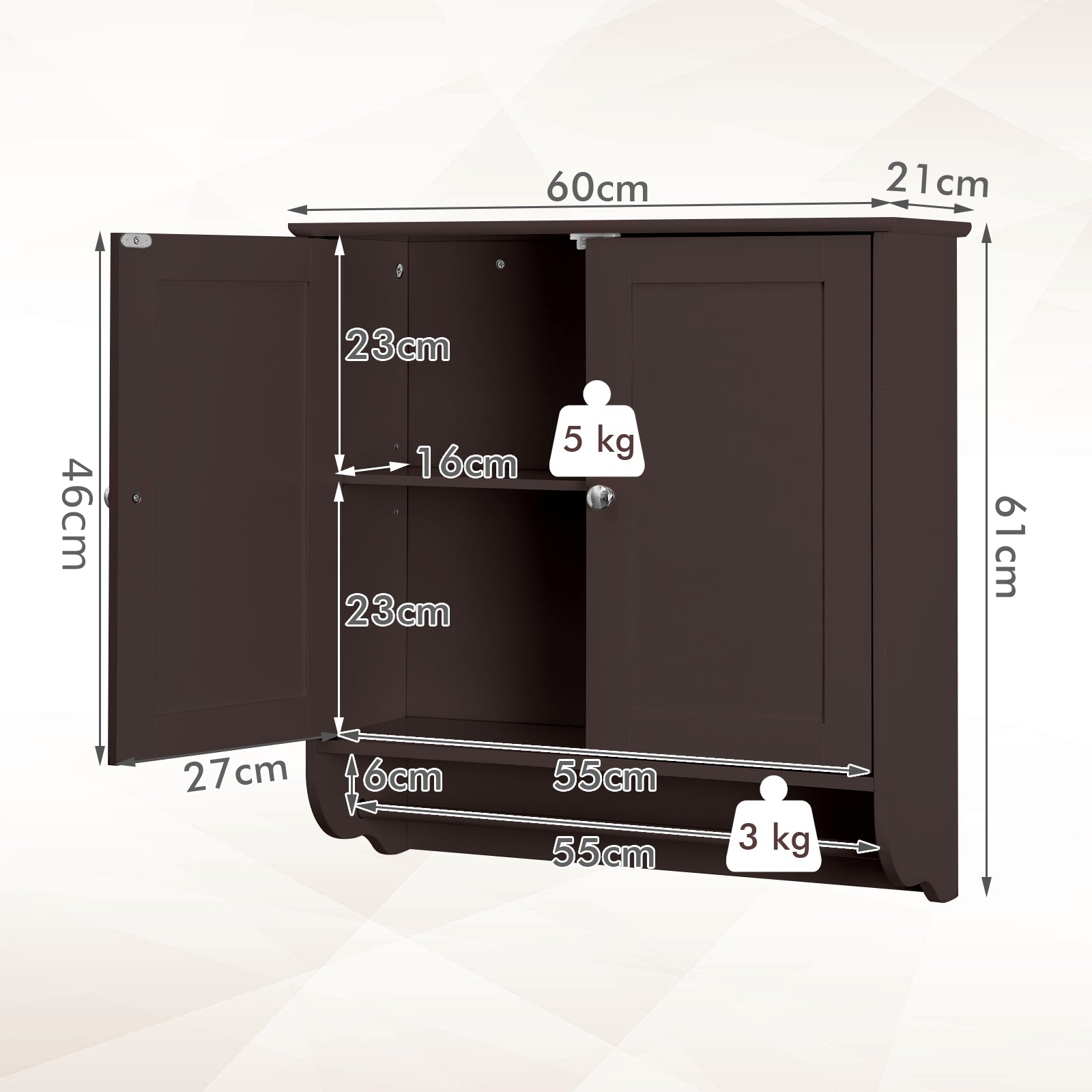 Wall Mounted Bathroom Cabinet with Adjustable Shelf-Brown