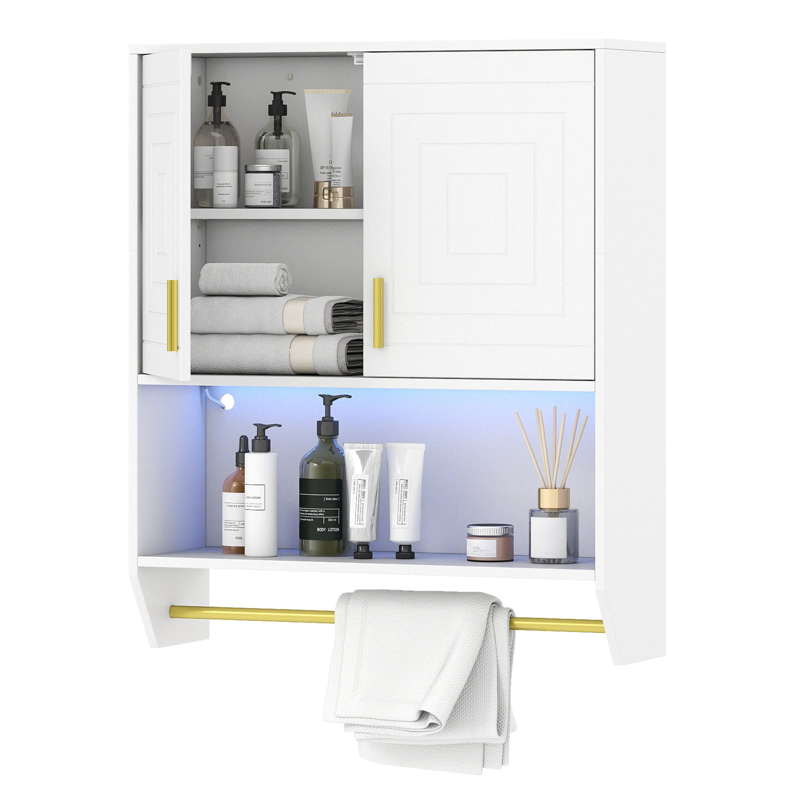 Wall Mounted Bathroom Cabinet Over the Toilet Storage Cabinet with 3-Color Lights-White