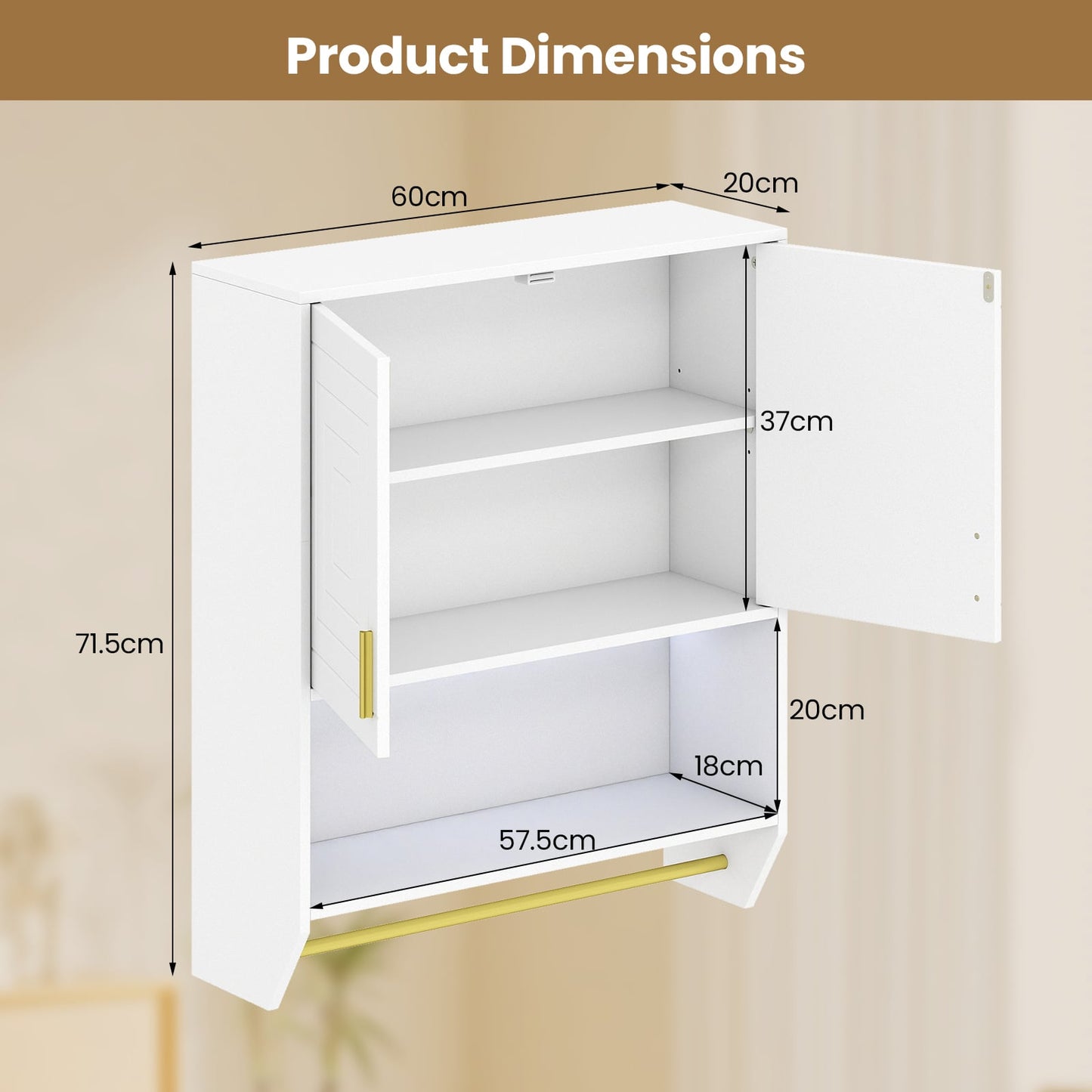 Wall Mounted Bathroom Cabinet Over the Toilet Storage Cabinet with 3-Color Lights-White