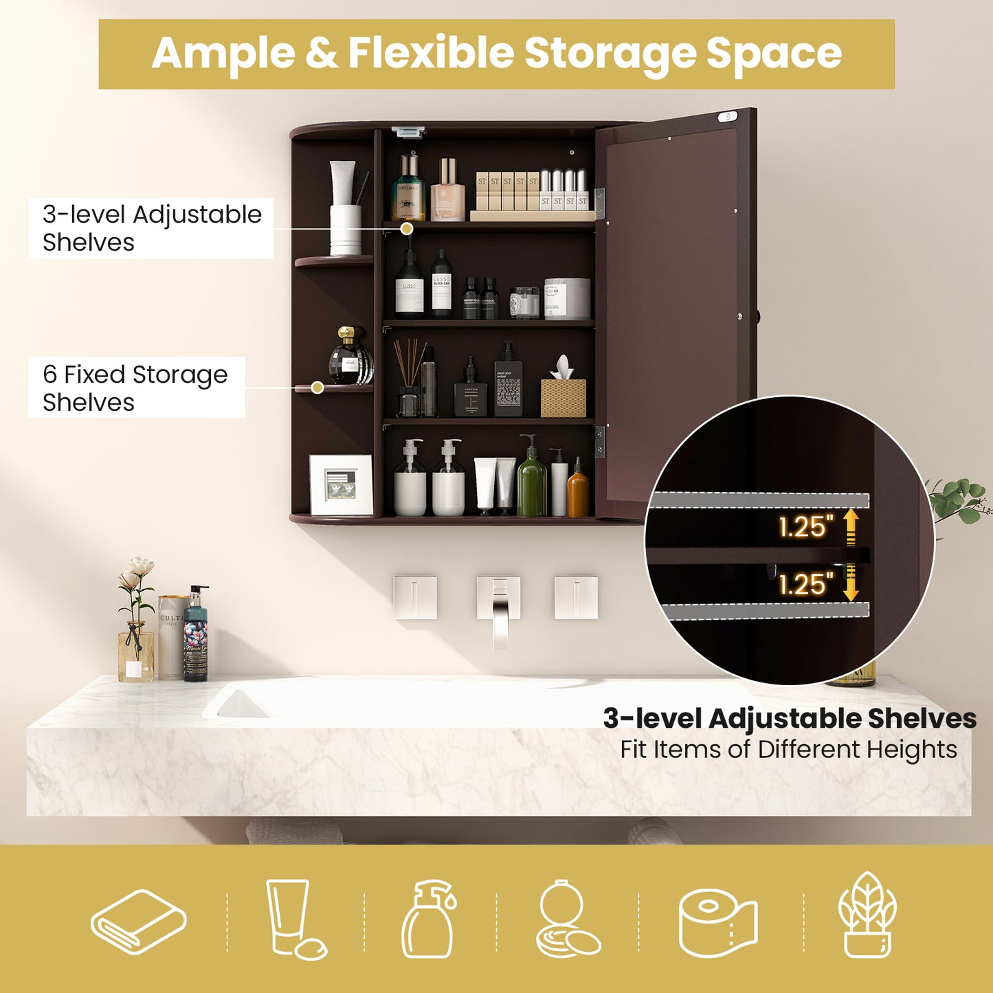 Wall Mounted Storage Cabinet Multipurpose Bathroom Medicine Cabinet 66 x 16.7 x 63 cm Brown