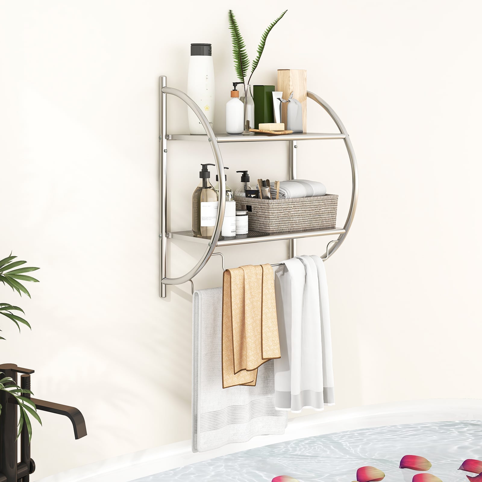 Wall Mounted Bathroom Shelves with Towel Holder-Silver