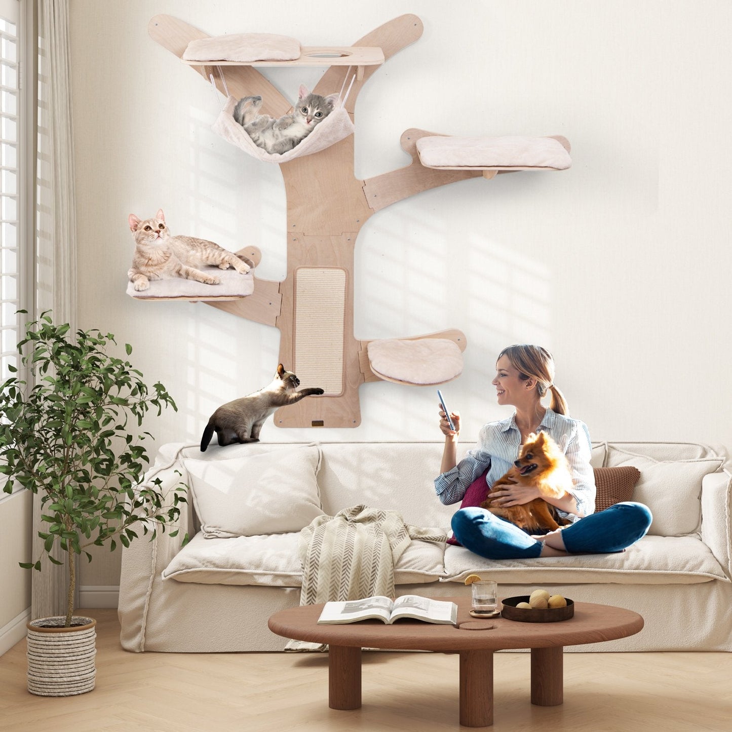 Wall-Mounted Cat Tower with Hammock-Natural