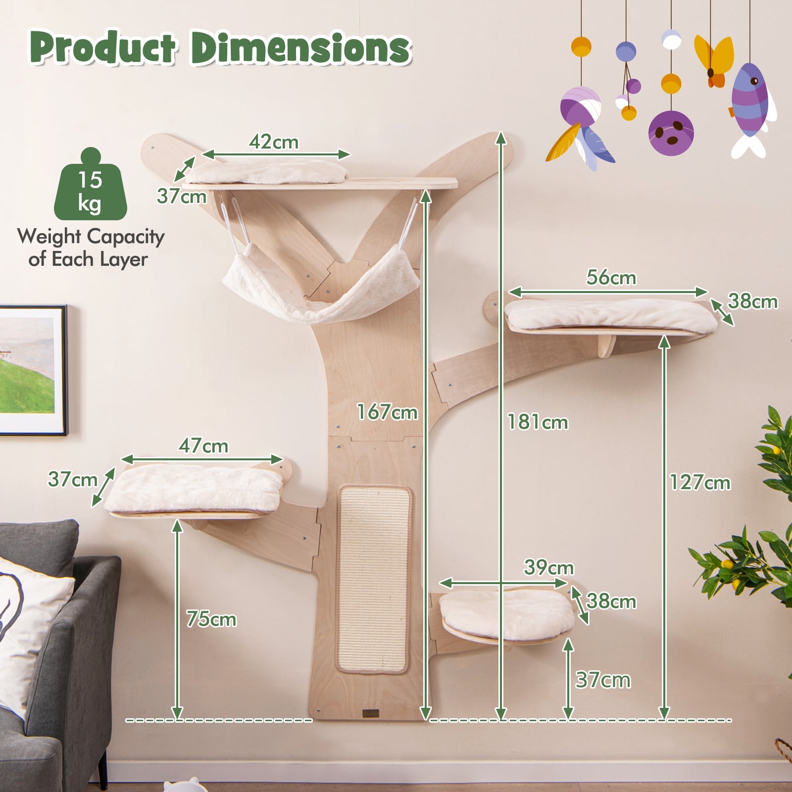 Wall-Mounted Cat Tower with Hammock-Natural