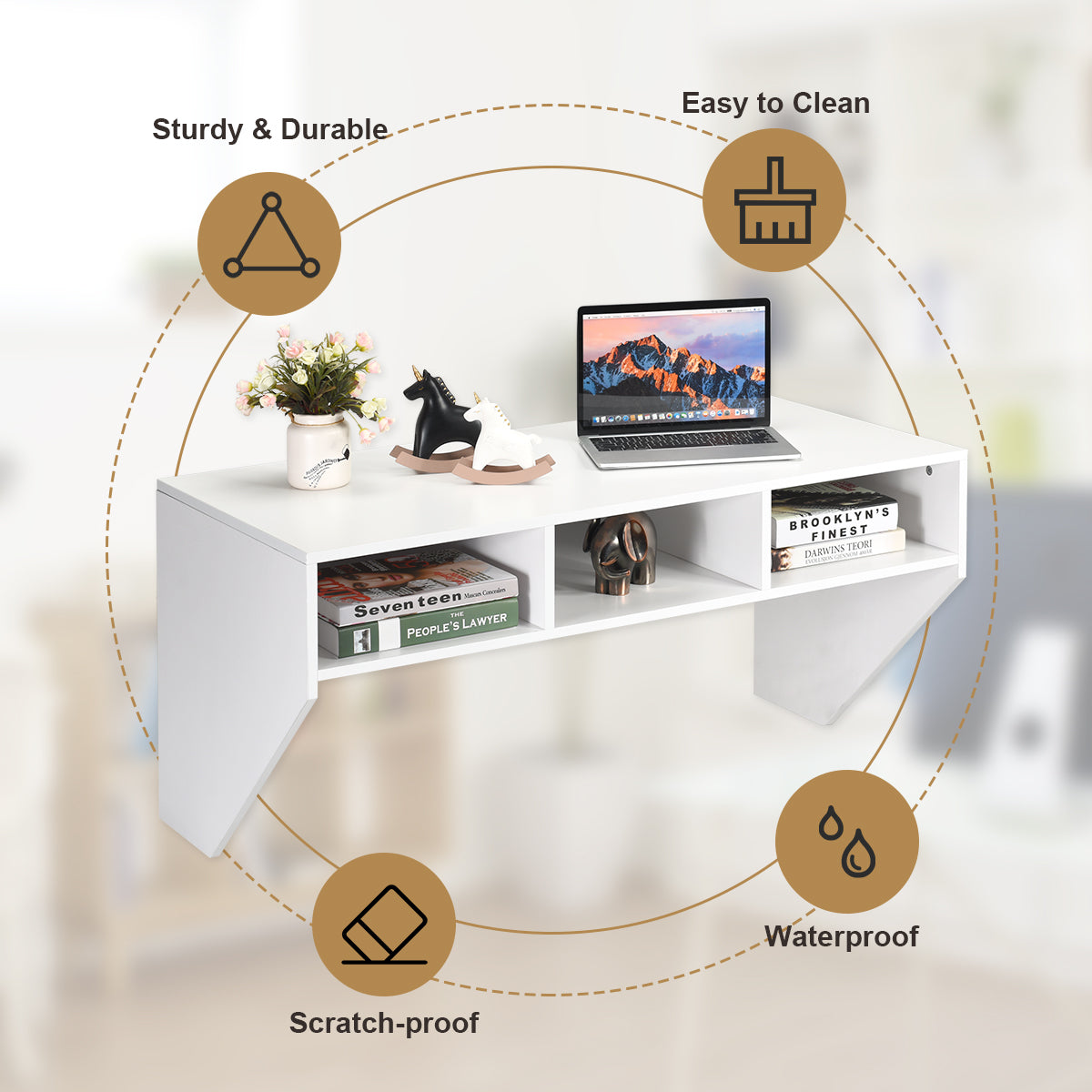 Wall Mounted Computer Desk with 3 Storage Compartments-White