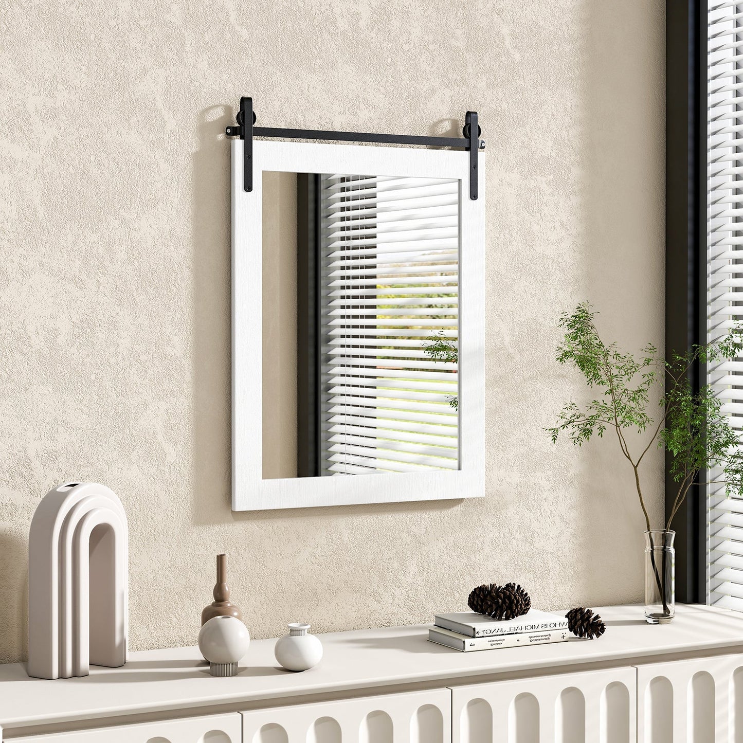 Wall Mounted Mirror with Solid Wood Frame and Metal Bracket-White