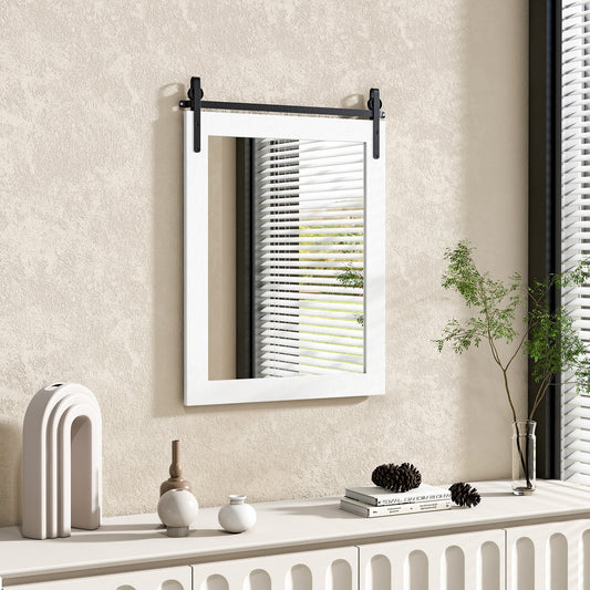 Wall Mounted Mirror with Solid Wood Frame and Metal Bracket-White