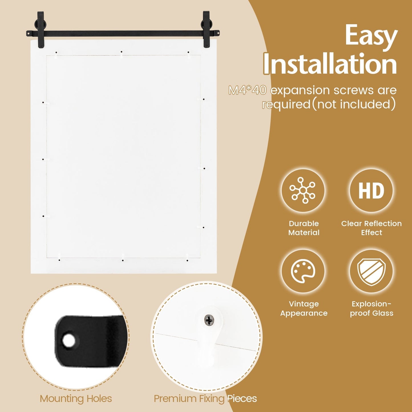 Wall Mounted Mirror with Solid Wood Frame and Metal Bracket-White