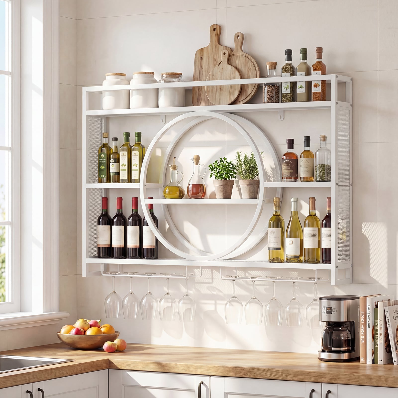 Wall Mounted Wine Rack 5-Tier Large Capacity Hanging Bar Shelf with Glass Holder-White