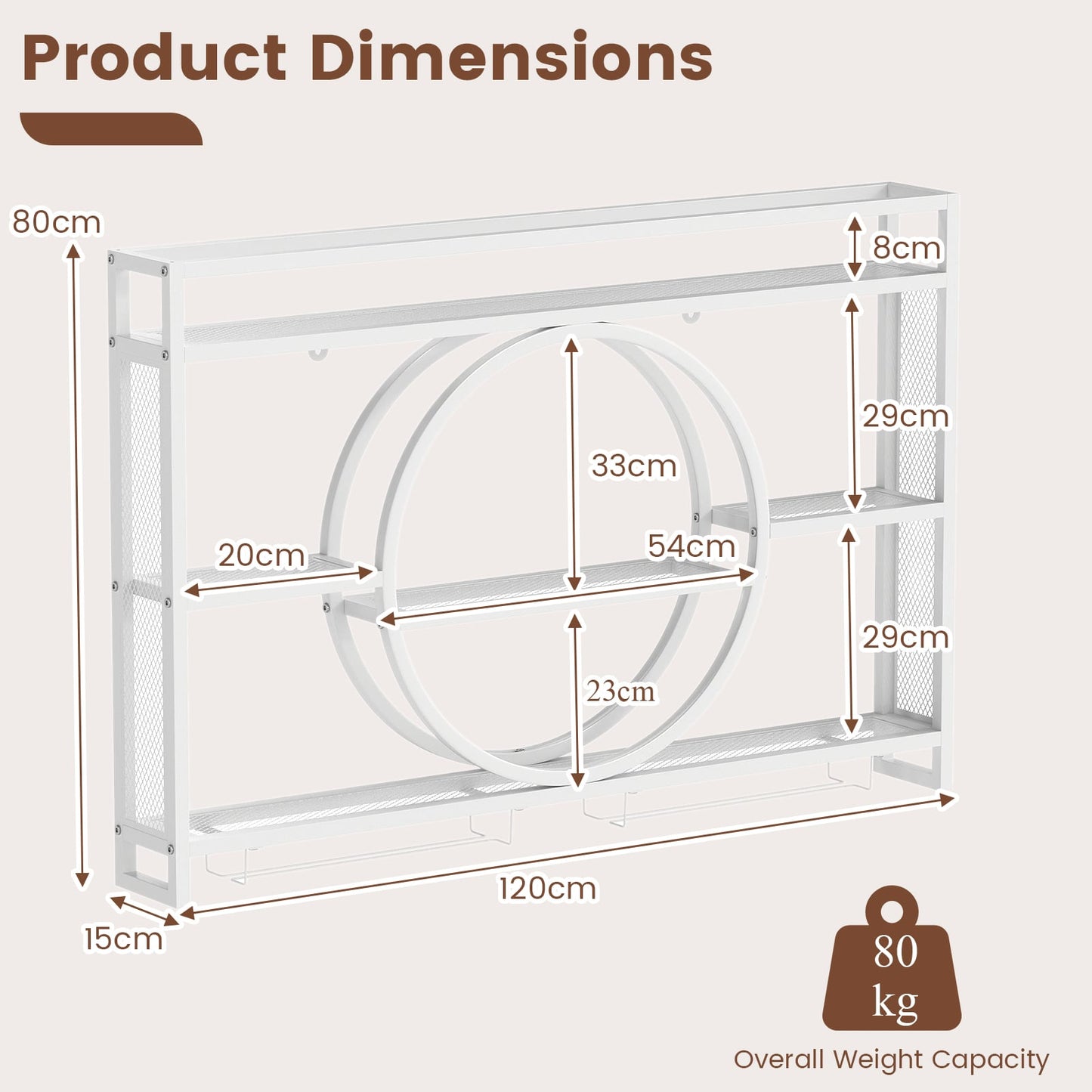 Wall Mounted Wine Rack 5-Tier Large Capacity Hanging Bar Shelf with Glass Holder-White
