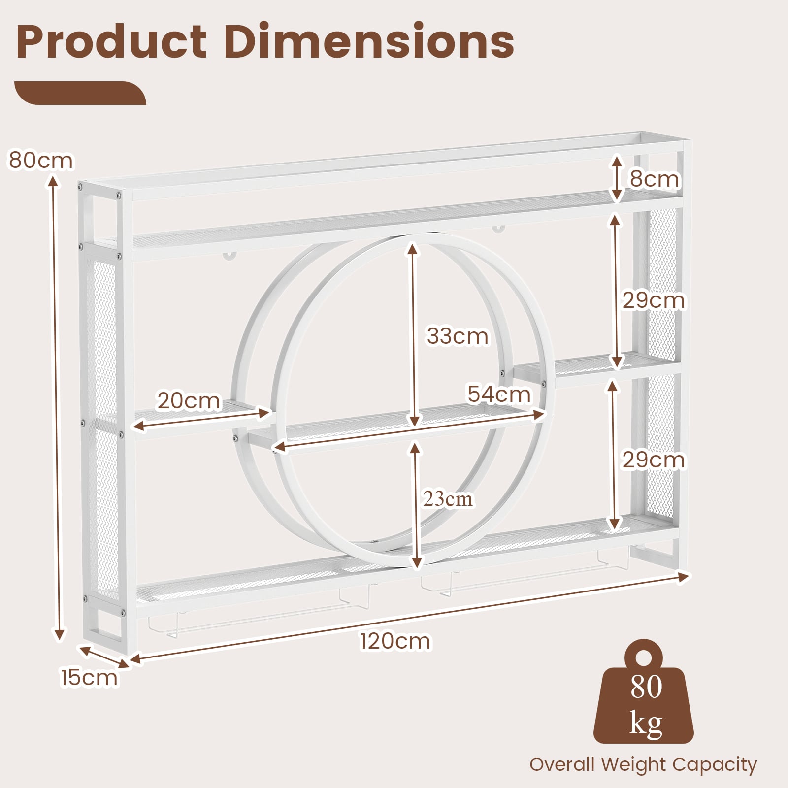 Wall Mounted Wine Rack 5-Tier Large Capacity Hanging Bar Shelf with Glass Holder-White