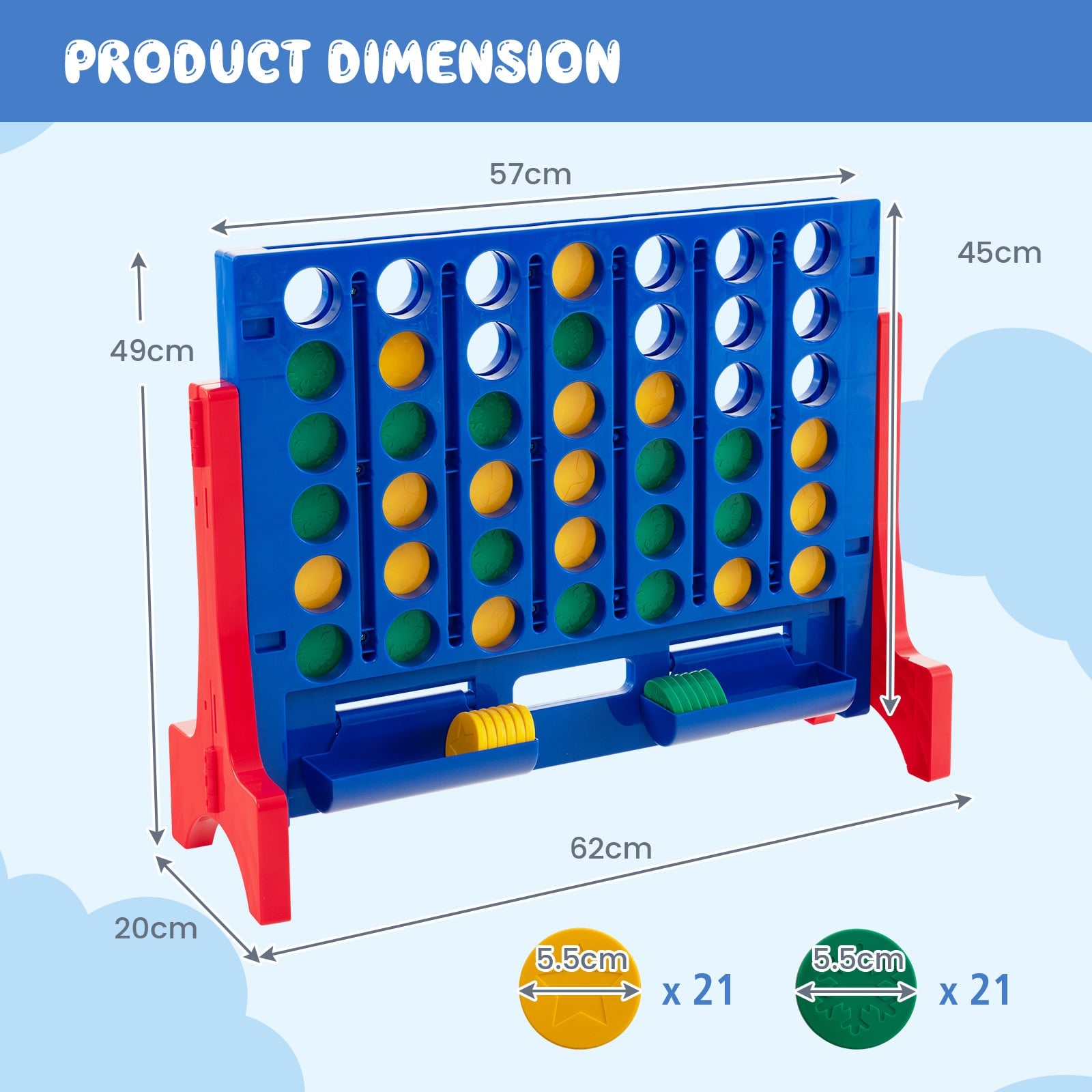 Wall Mounted or Tabletop Giant 4-In-A Row with Carrying Bag and 42 Chesses-Blue