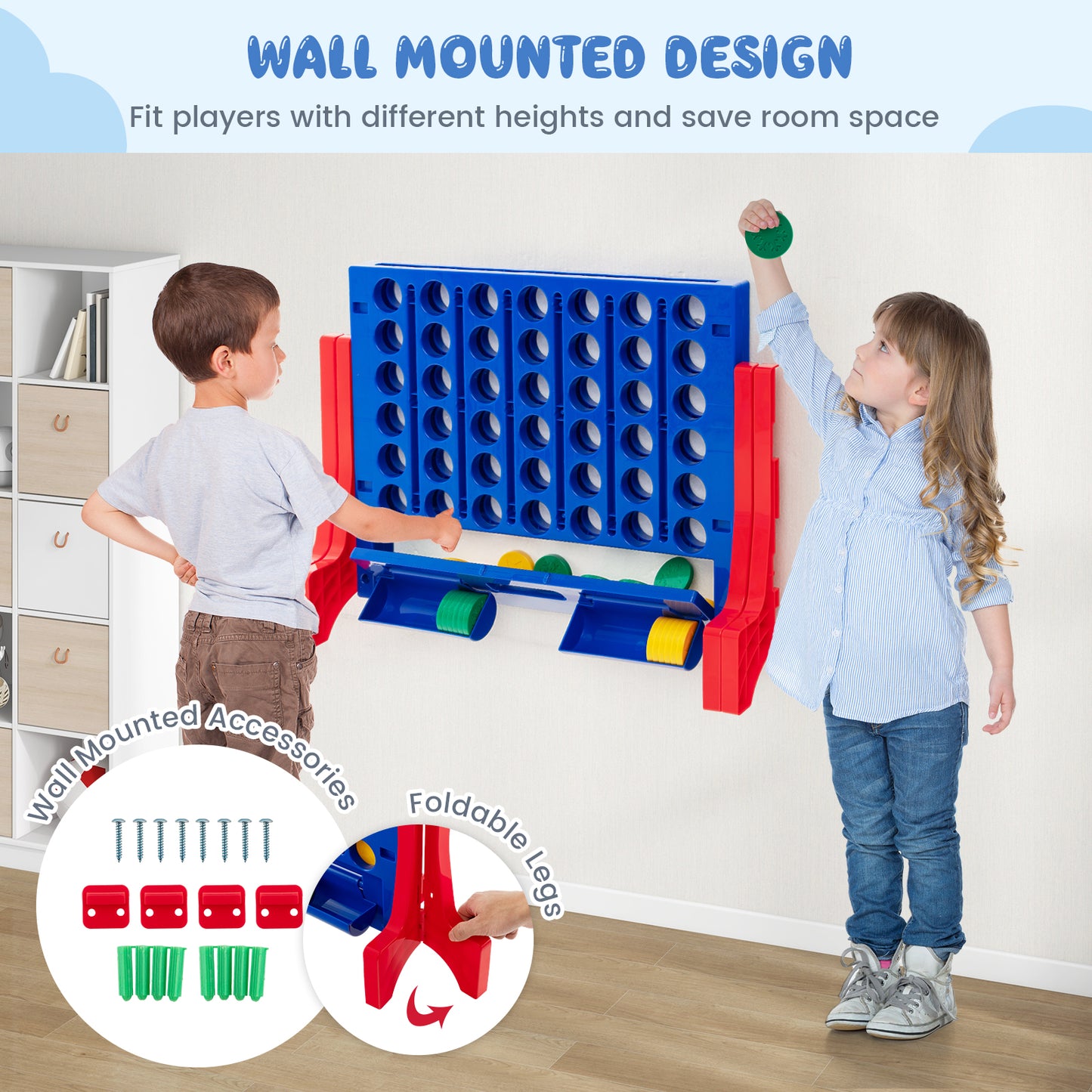 Wall Mounted or Tabletop Giant 4-In-A Row with Carrying Bag and 42 Chesses-Blue