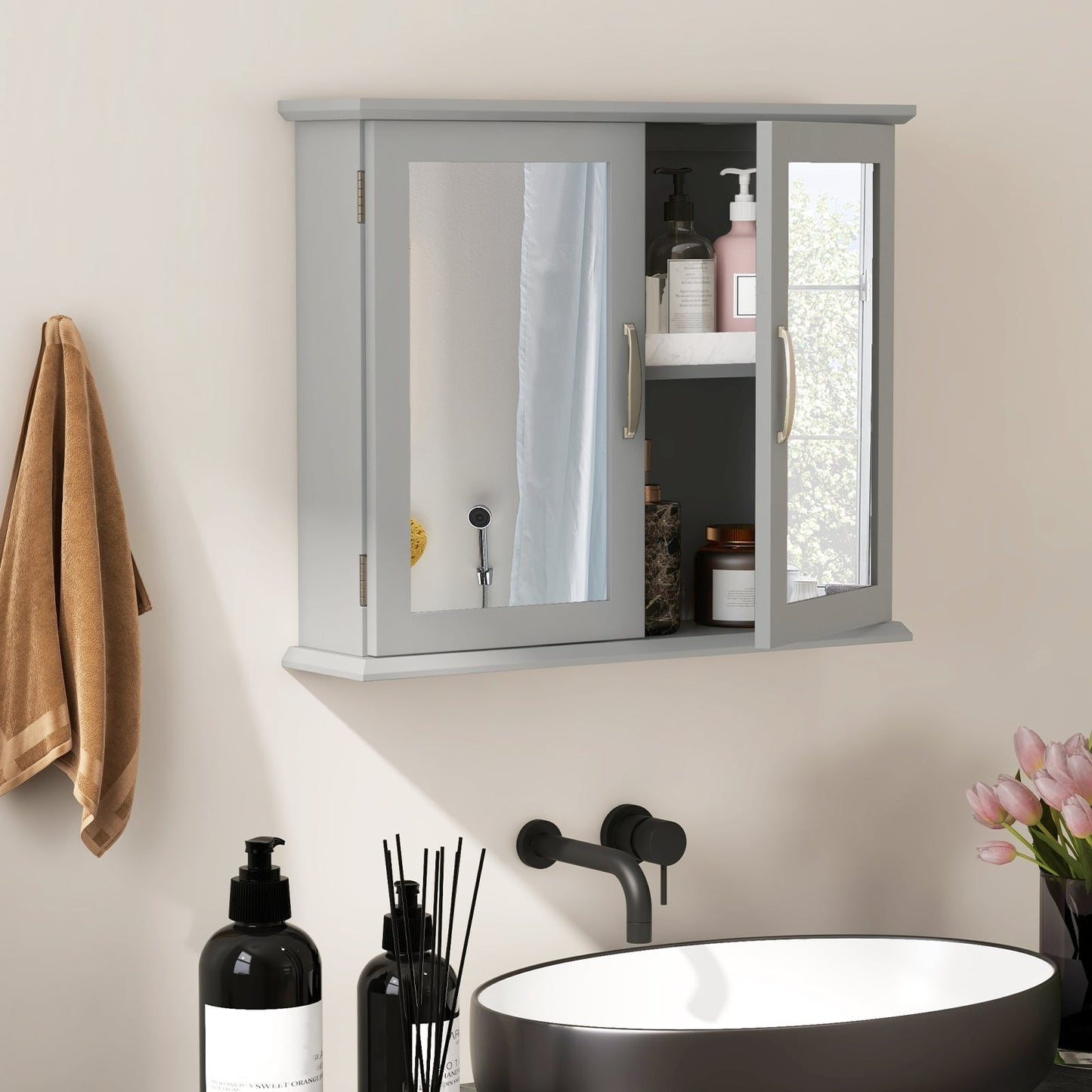 Wall-mounted Bathroom Mirror Cabinet for Bathroom Living Room-Grey