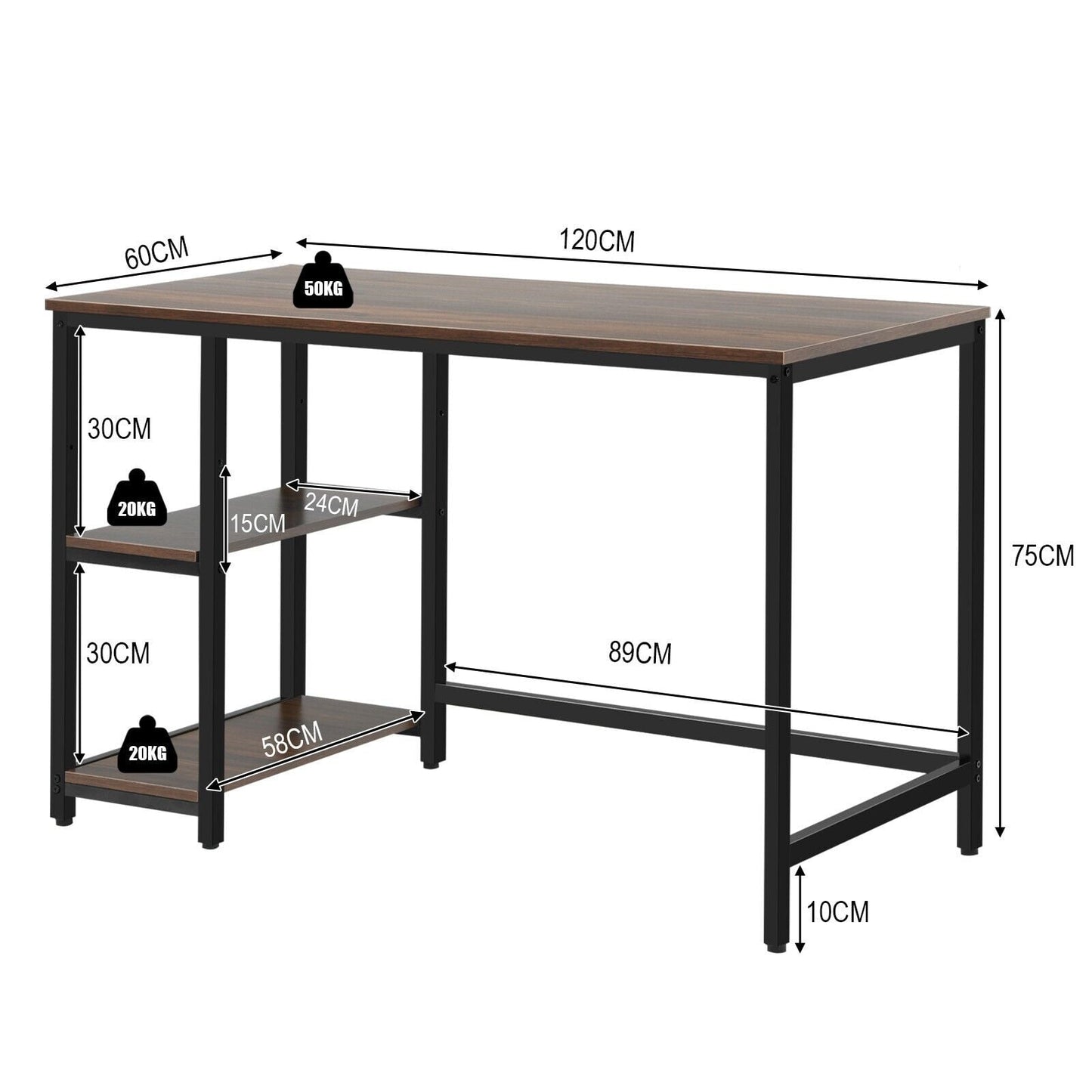 Industrial Computer Desk with Storage Sheves-Walnut