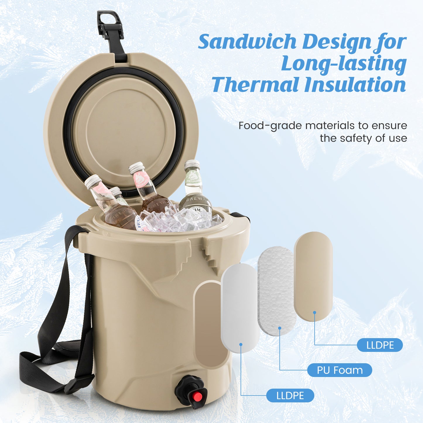 9.5 L Water Cooler Drink Cooler Insulated Ice Chest with Spigot and Shoulder Strap-Beige