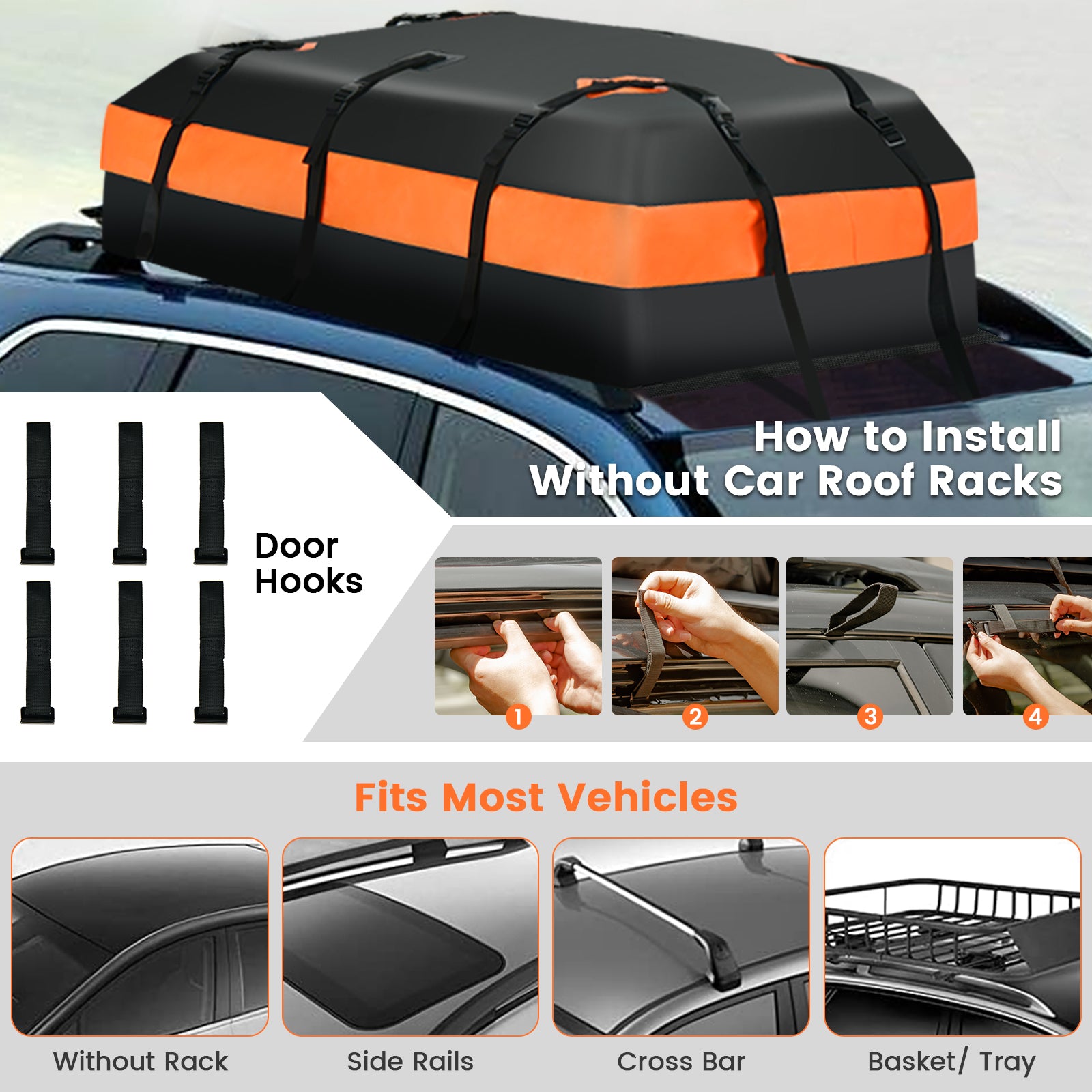 Waterproof Rooftop Luggage Bag with Non-Slip Mat and 6 Door Hooks-Orange