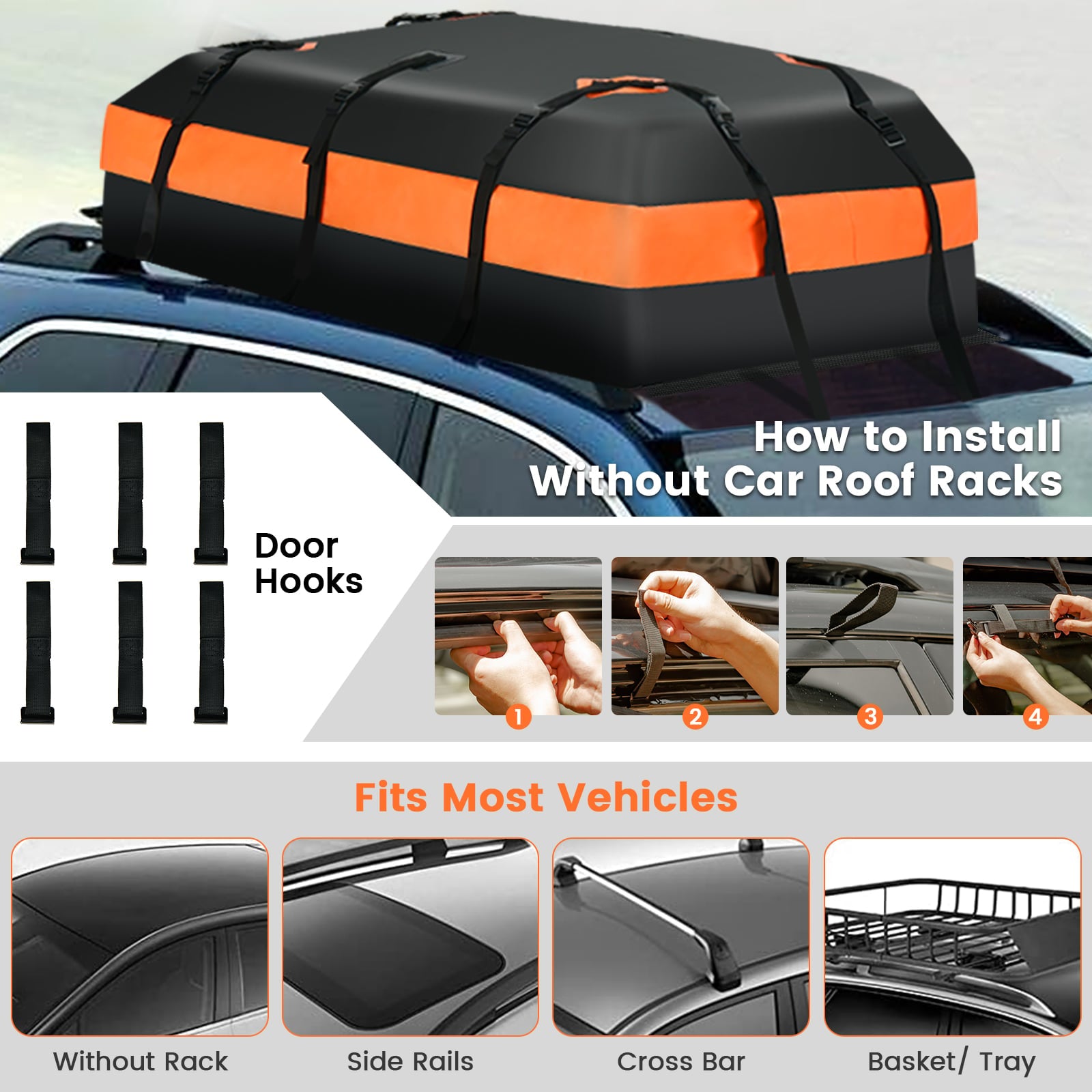 Waterproof Rooftop Luggage Bag with Non-Slip Mat and 6 Door Hooks-Orange