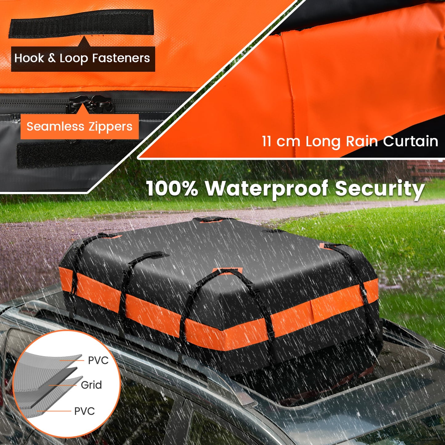 Waterproof Rooftop Luggage Bag with Non-Slip Mat and 6 Door Hooks-Orange