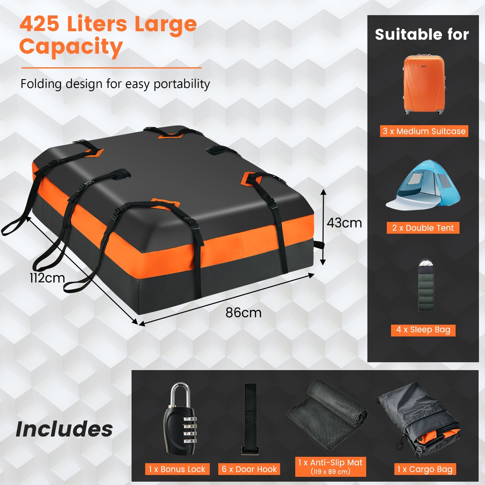 Waterproof Rooftop Luggage Bag with Non-Slip Mat and 6 Door Hooks-Orange