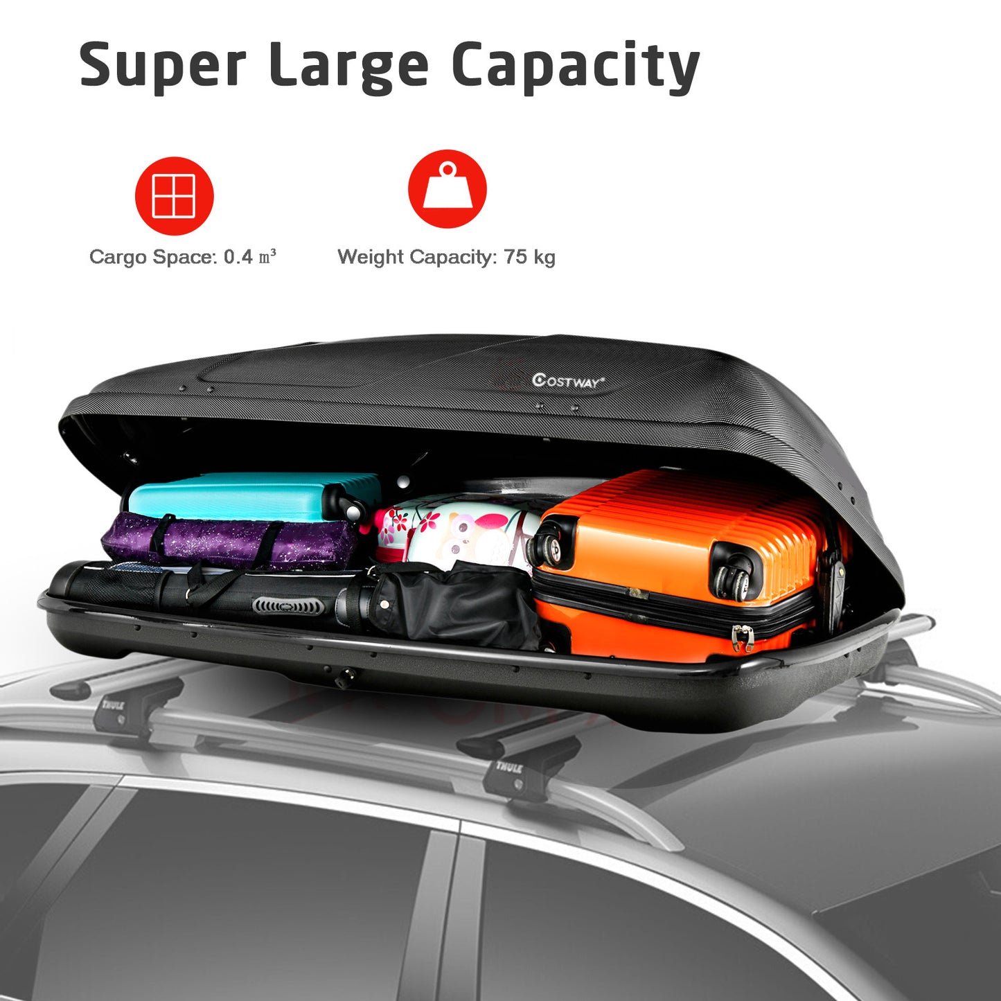 400L Car Rooftop Cargo Box with Security Keys and Dual Side Opening-Black