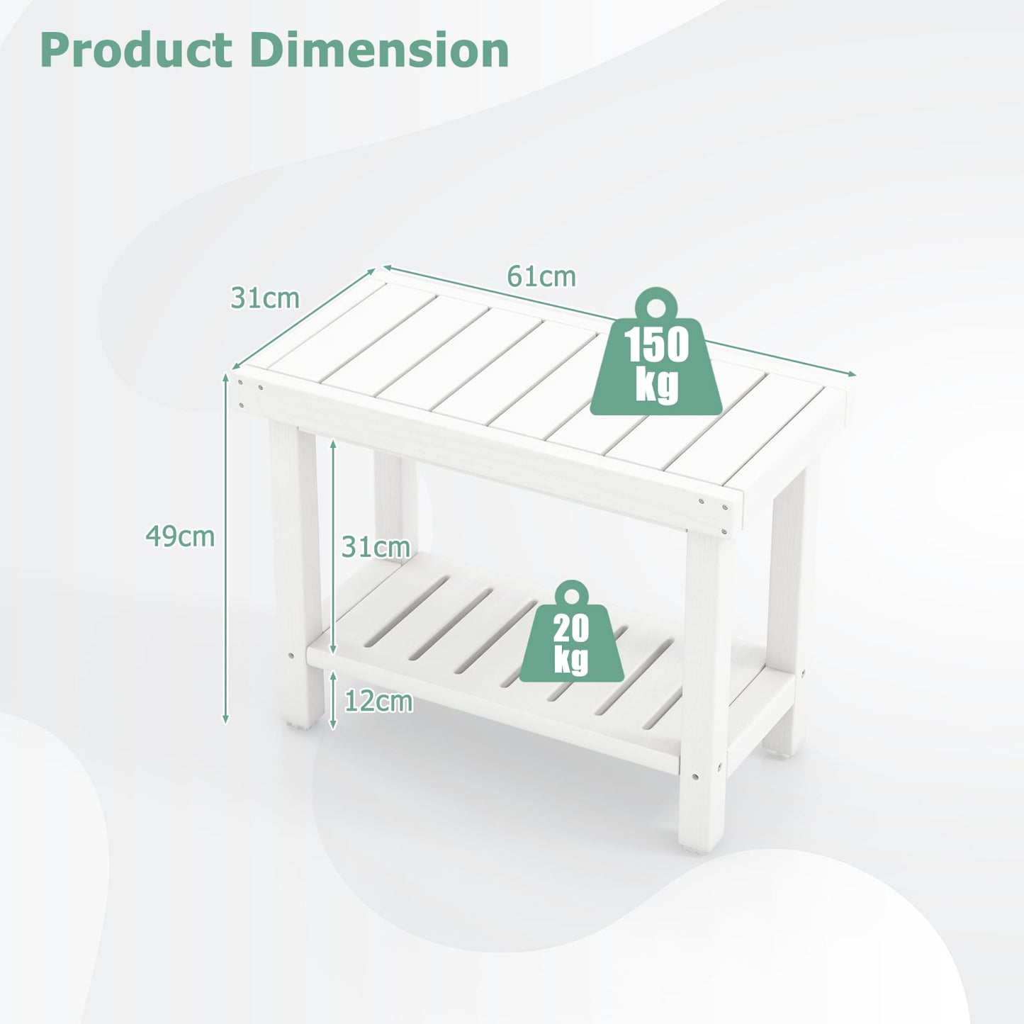 2-Tier Waterproof HDPE Bathroom Shower Stool with Storage Shelf-White