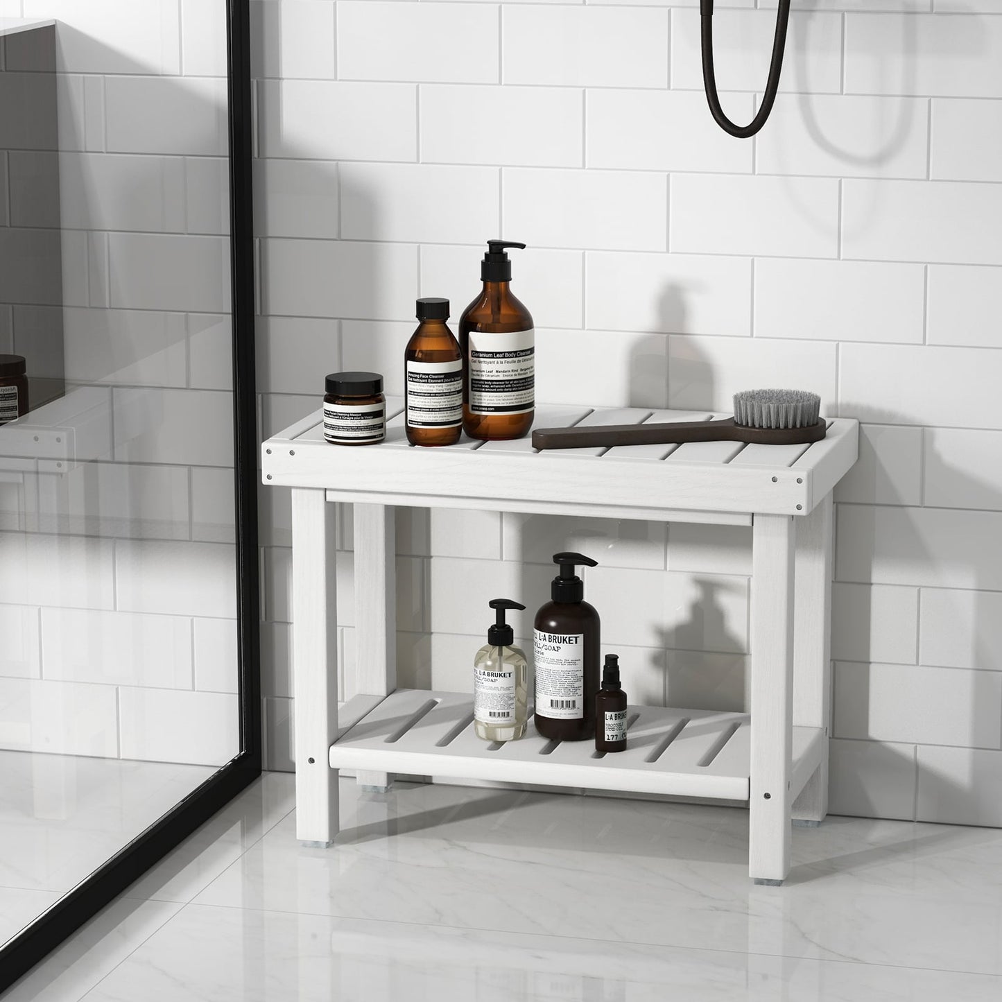 2-Tier Waterproof HDPE Bathroom Shower Stool with Storage Shelf-White