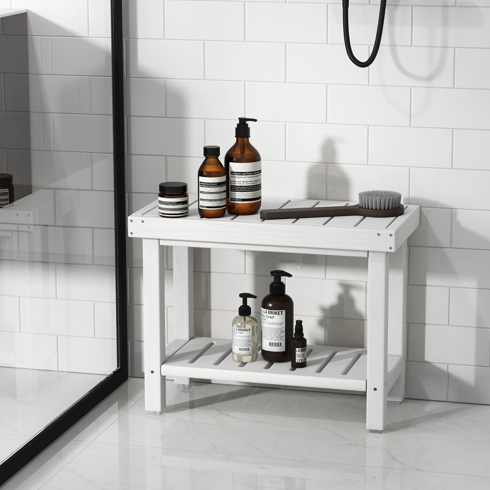 2-Tier Waterproof HDPE Bathroom Shower Stool with Storage Shelf-White