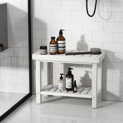 2-Tier Waterproof HDPE Bathroom Shower Stool with Storage Shelf-White