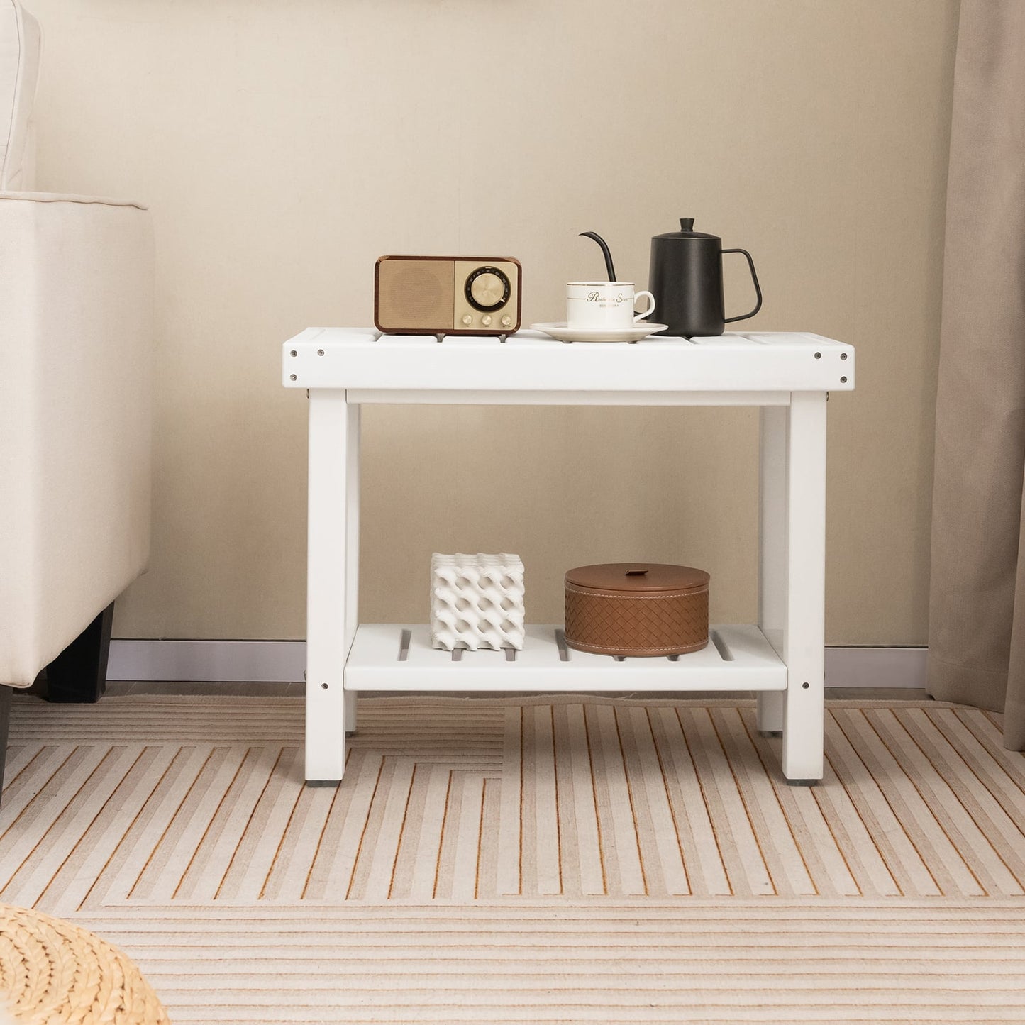 2-Tier Waterproof HDPE Bathroom Shower Stool with Storage Shelf-White