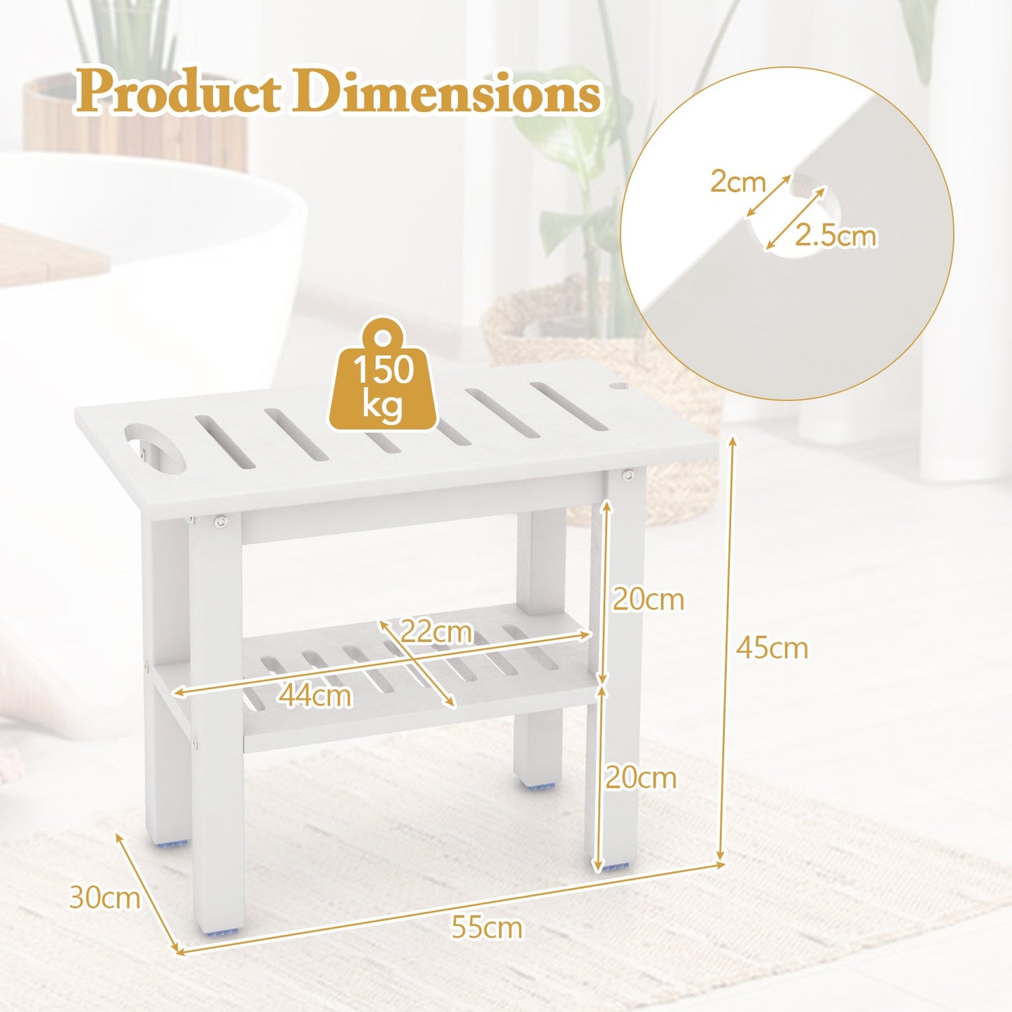 Waterproof HDPE Shower Bench Bath Stool for Inside Shower-White