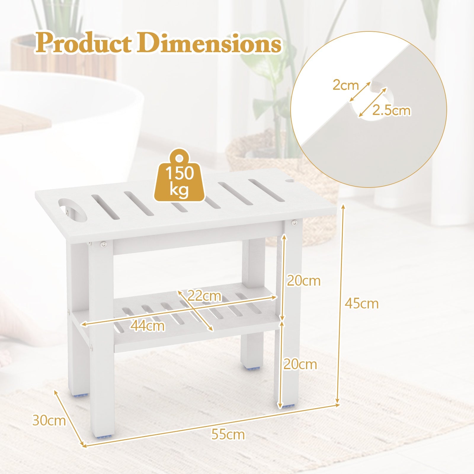 Waterproof HDPE Shower Bench Bath Stool for Inside Shower-White