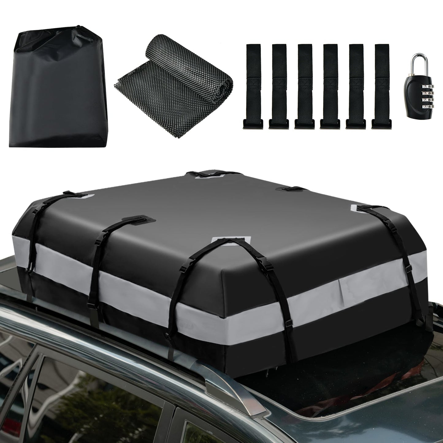 Waterproof Rooftop Luggage Bag with Non-Slip Mat and 6 Door Hooks-Grey