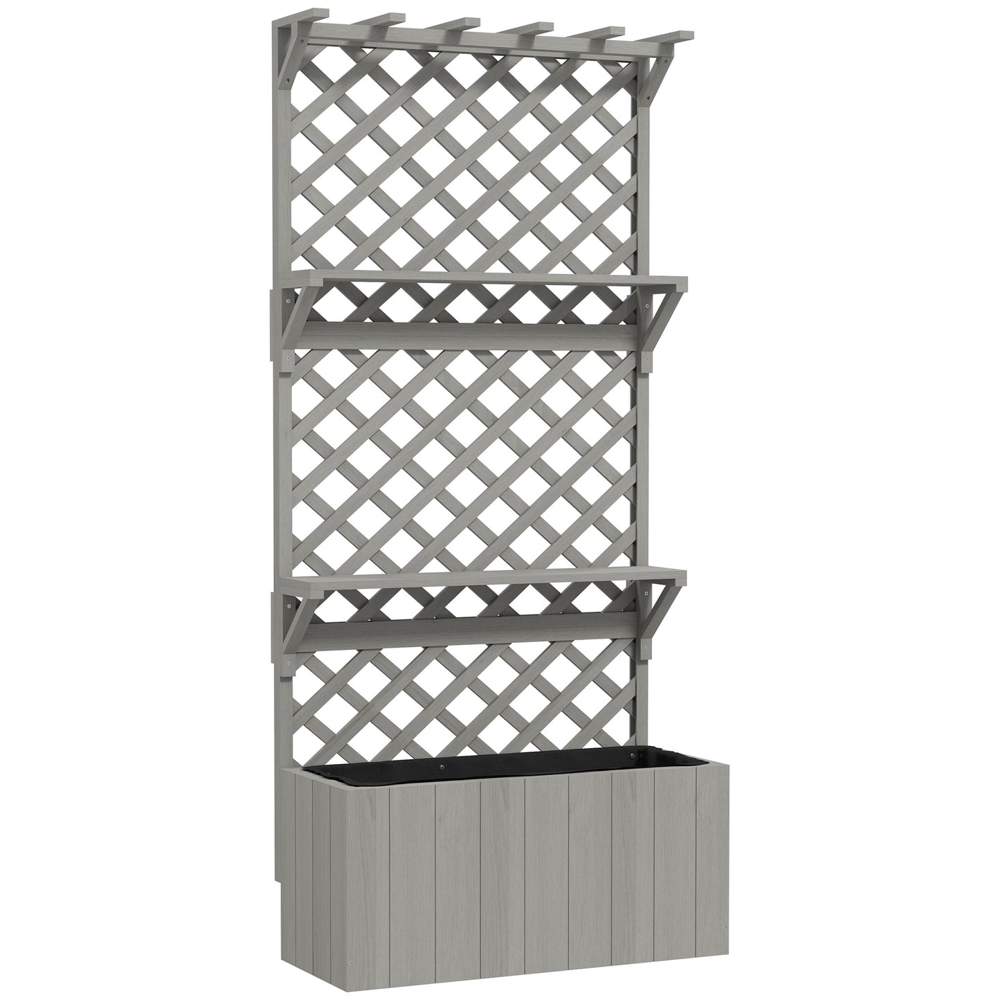 Outsunny 52L Wooden Planter, with Trellis and Shelves - Grey