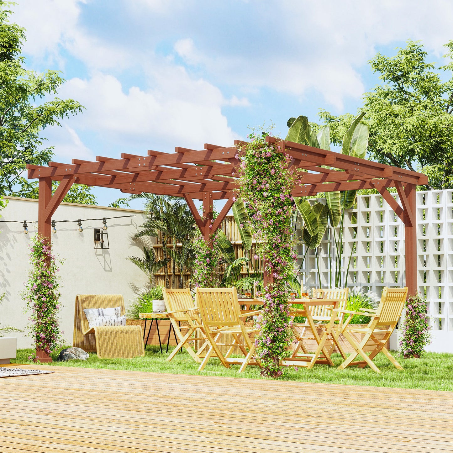 Outsunny 3.3 x 3.3 m Wooden Pergola Kit, Graden Pergola Gazebo Grape Trellis with Stable Structure for Climbing Vines, Flowers