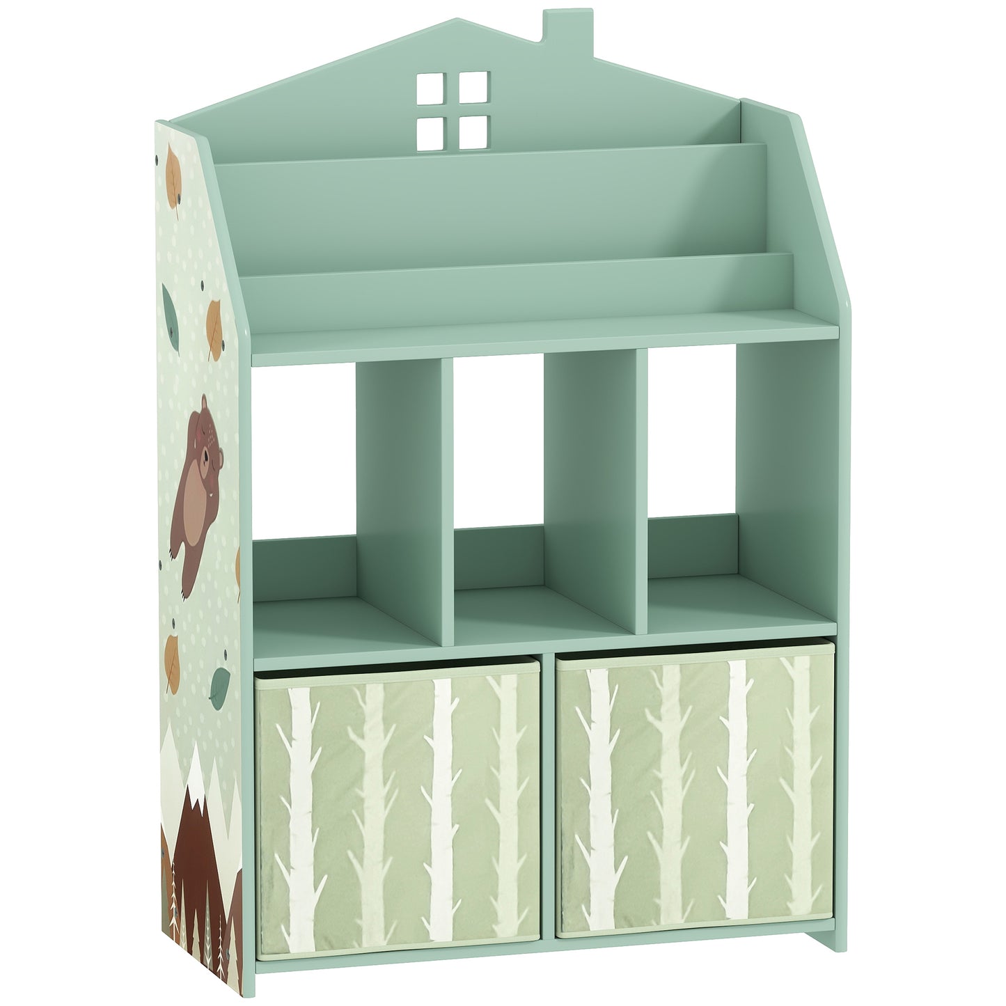 AIYAPLAY Kids Bookshelf with Storage, Toy Storage Unit with Book Display, Shelves and Fabric Drawers for Playroom Nursery, Green