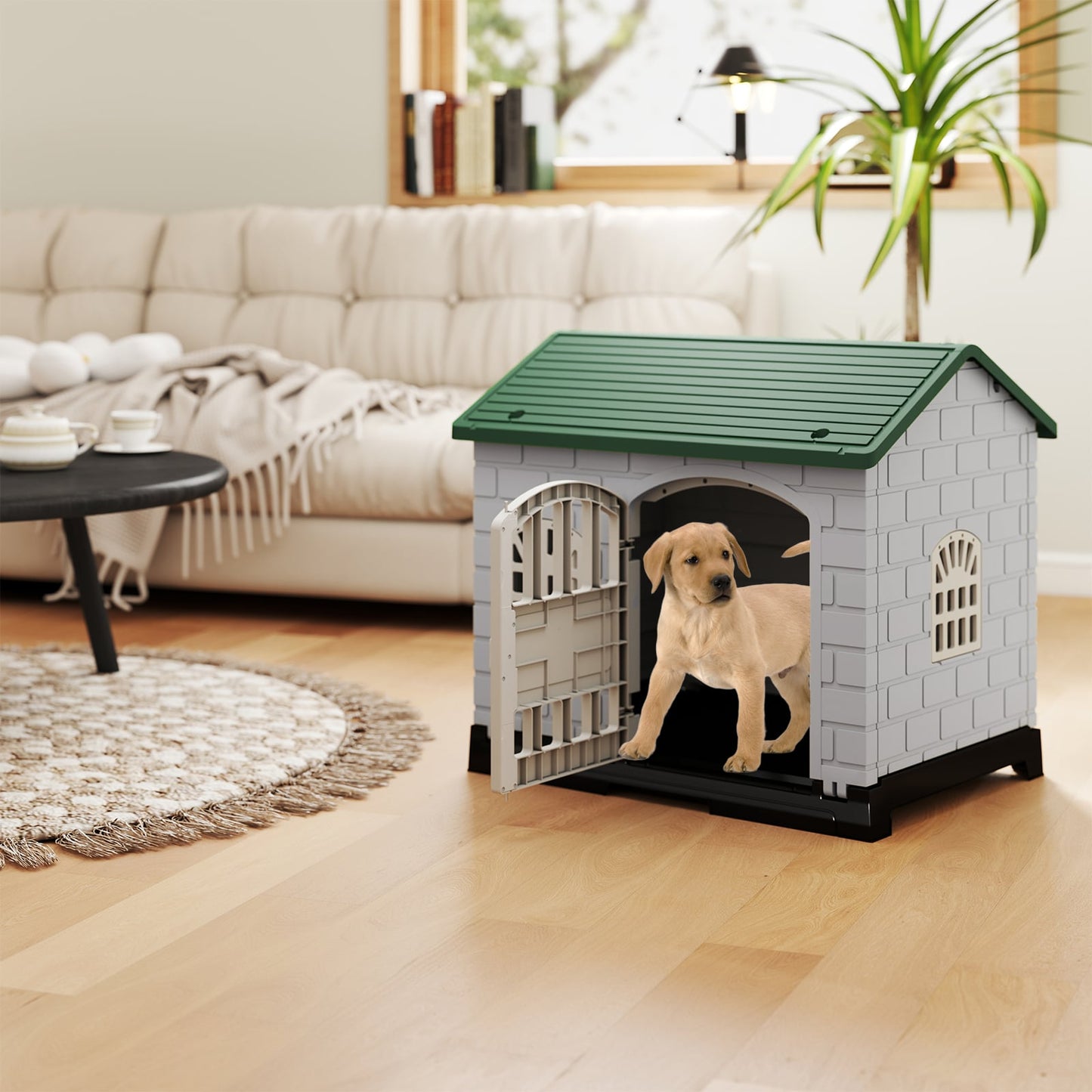 Weatherproof Pet Shelter with Removable Toilet Tray-Dark Green