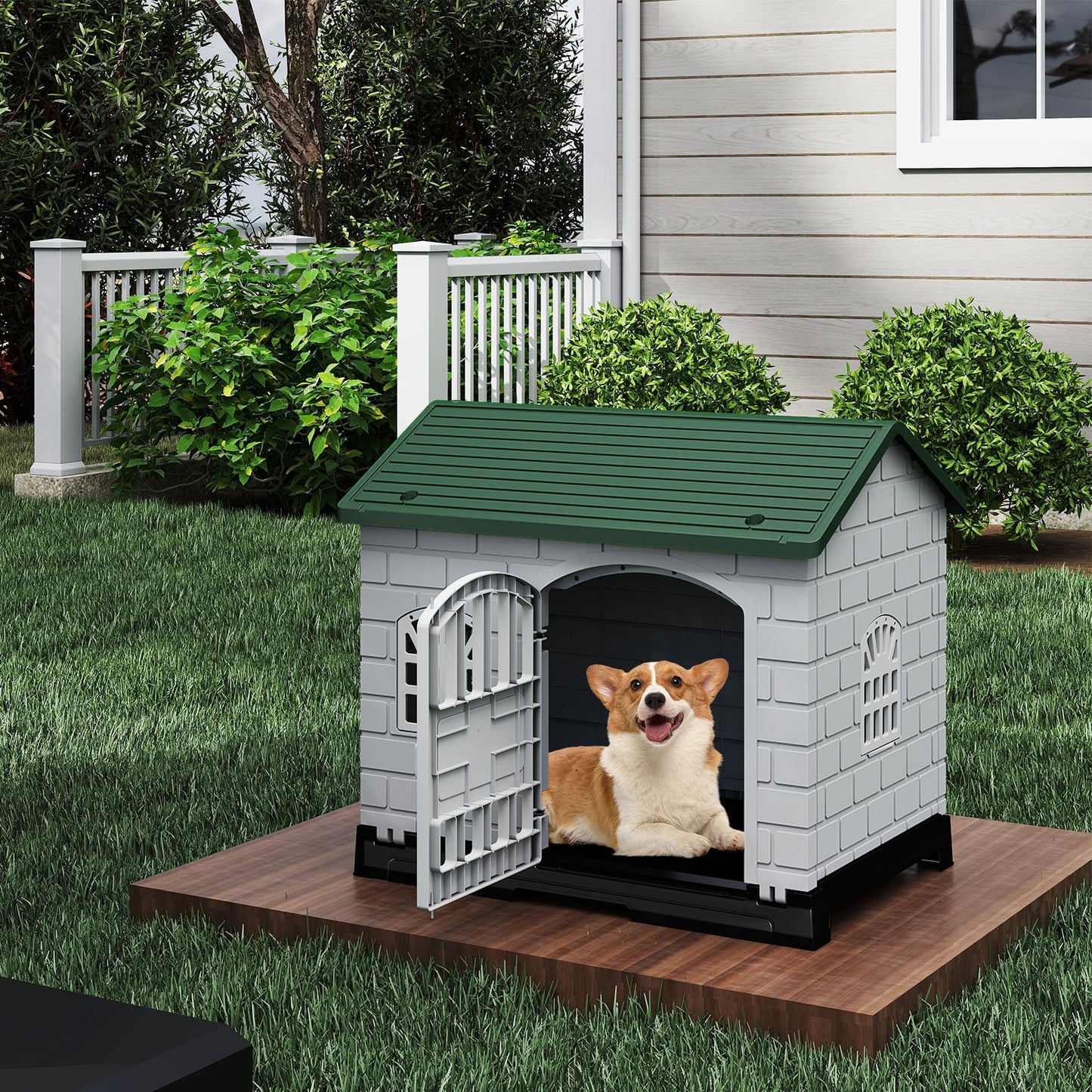 Weatherproof Pet Shelter with Removable Toilet Tray-Dark Green