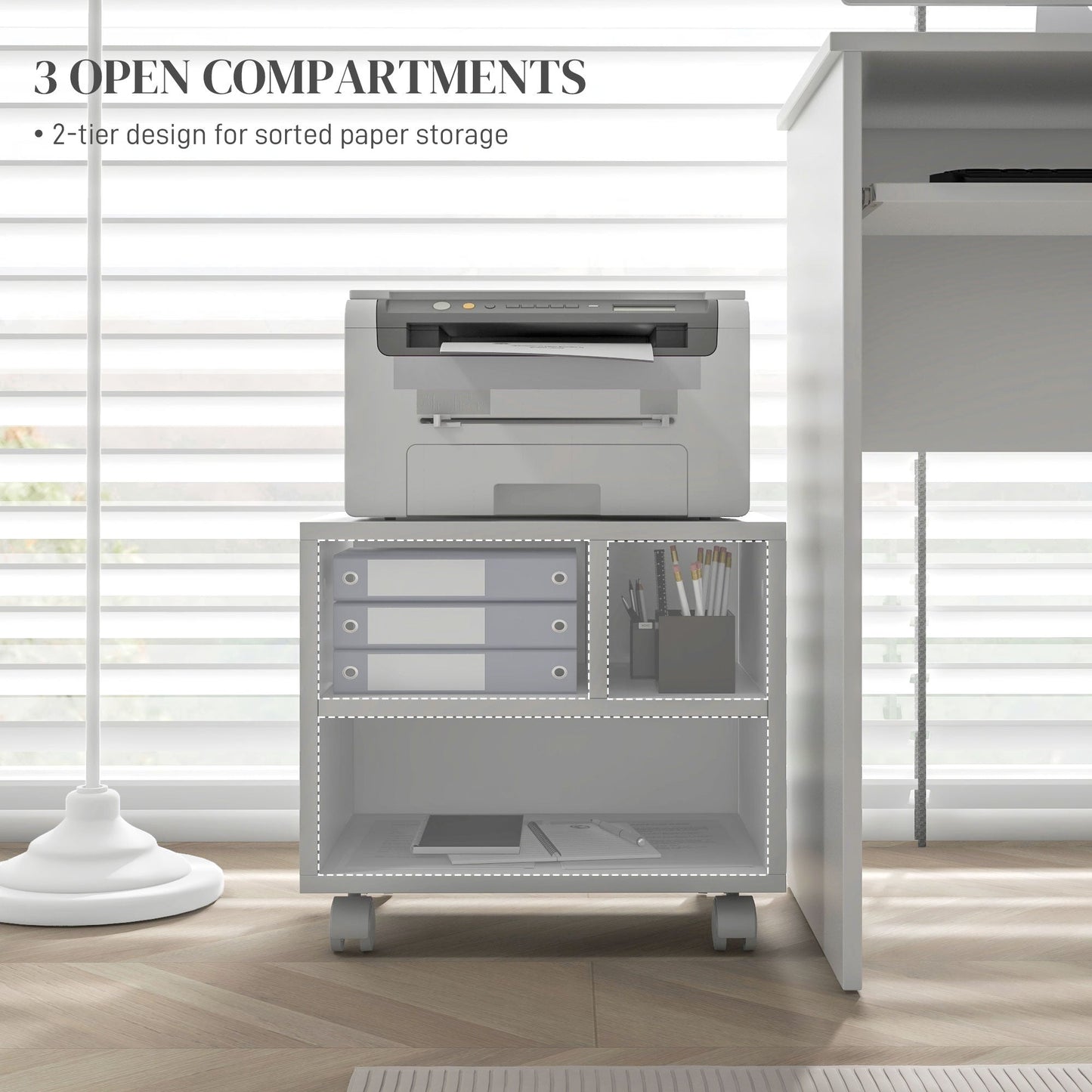 HOMCOM Three-Compartment Printer Cabinet, with Wheels - White