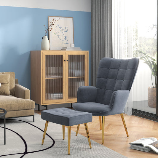HOMCOM Modern Armchair with Footstool, Upholstered Accent Chair with Ottoman, Steel Legs, Velvet Wingback Chair for Living Room, Bedroom, Home Study, Dark Grey