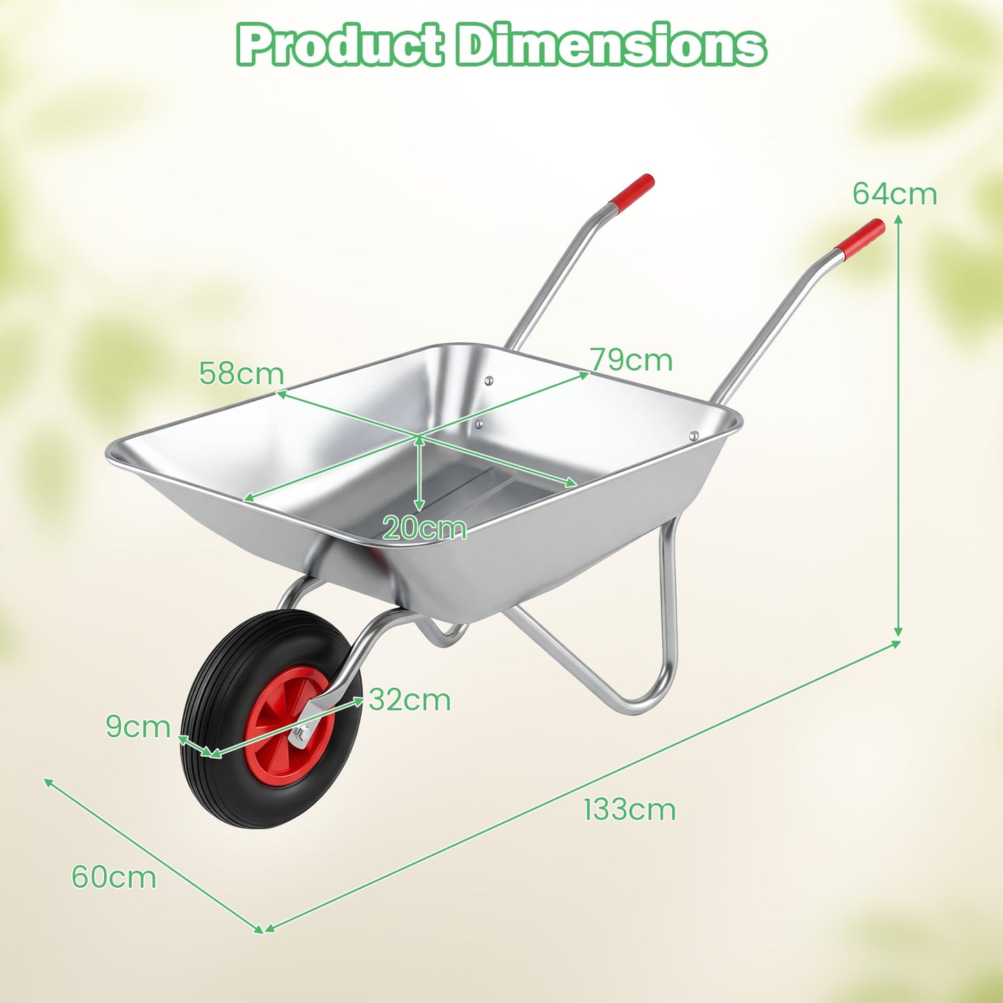 Wheelbarrow Cart 1-Wheel Garden Utility Cart with 2 Handlebars and Large Rubber Tire-Silver