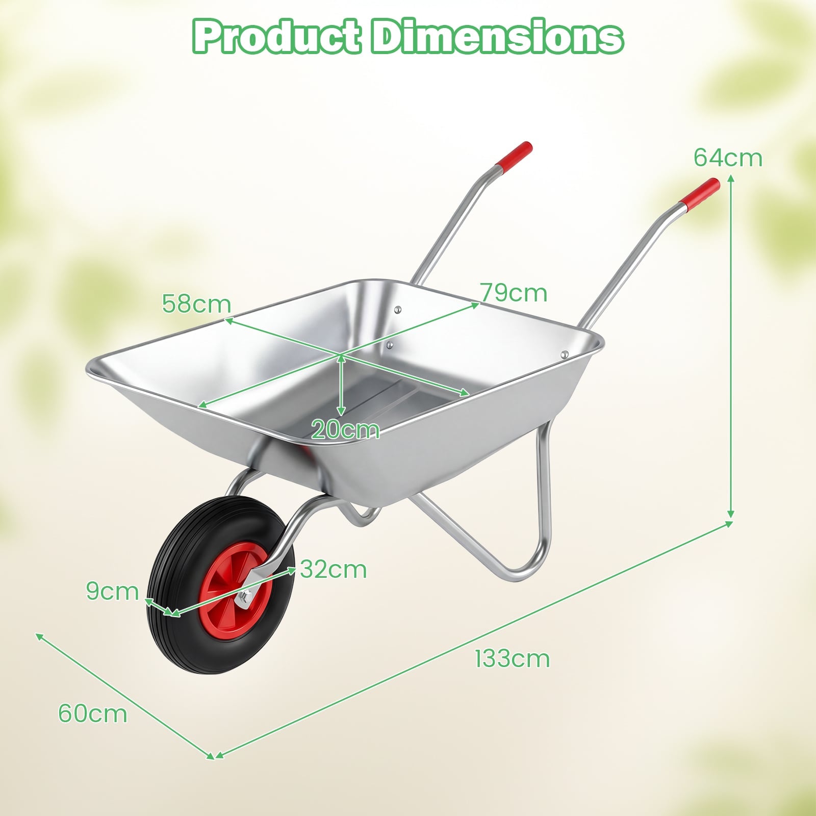 Wheelbarrow Cart 1-Wheel Garden Utility Cart with 2 Handlebars and Large Rubber Tire-Silver