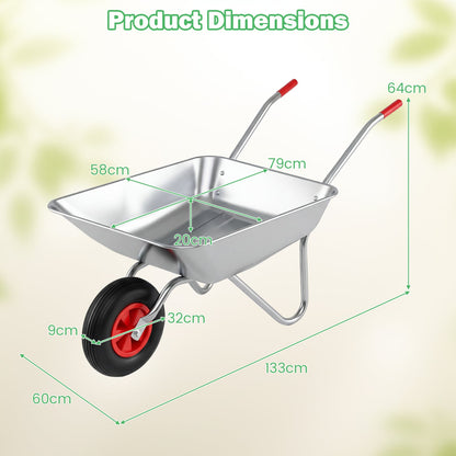Wheelbarrow Cart 1-Wheel Garden Utility Cart with 2 Handlebars and Large Rubber Tire-Silver