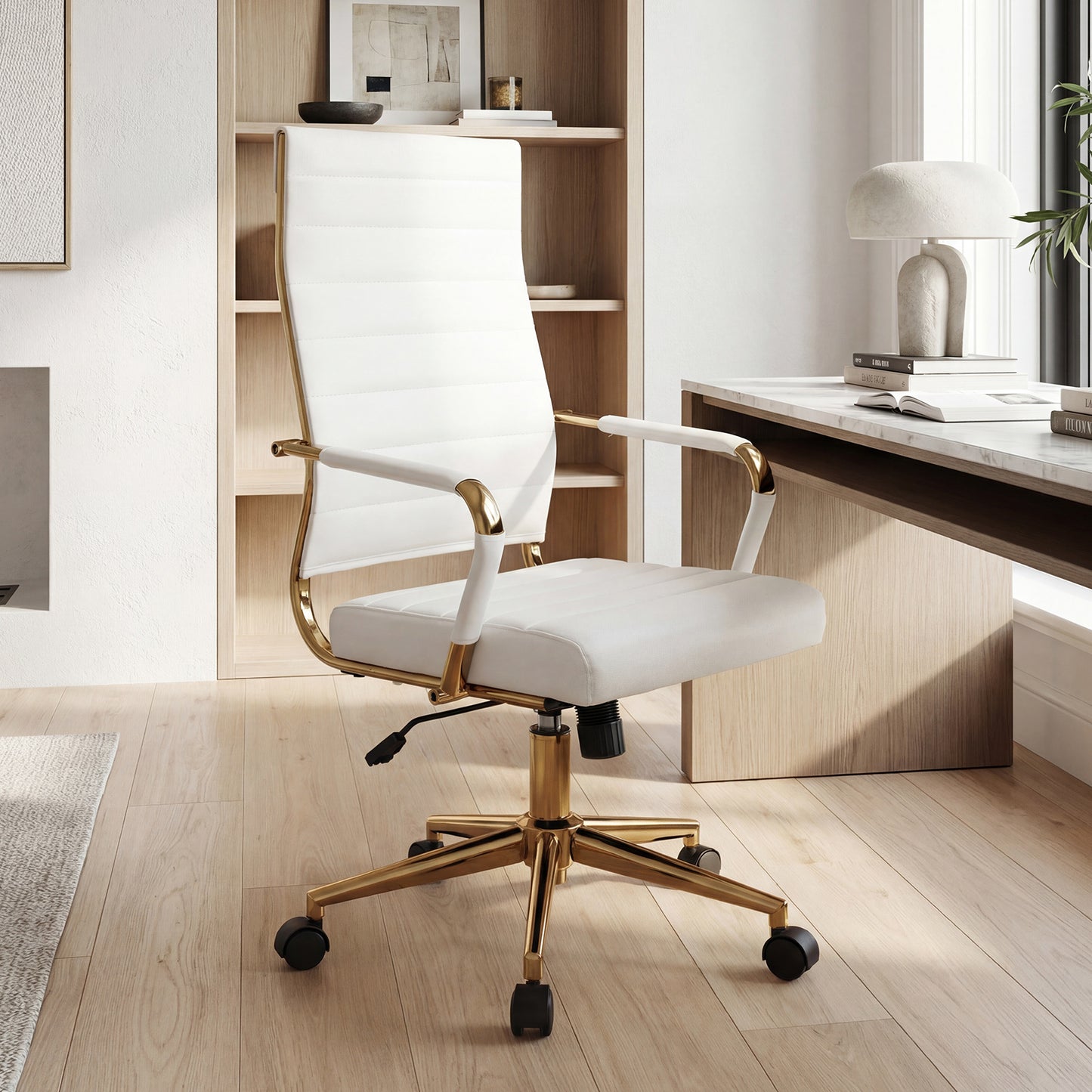 White Gold Office Chair with Ribbed PU Leather & Adjustable Backrest for Indoor-White
