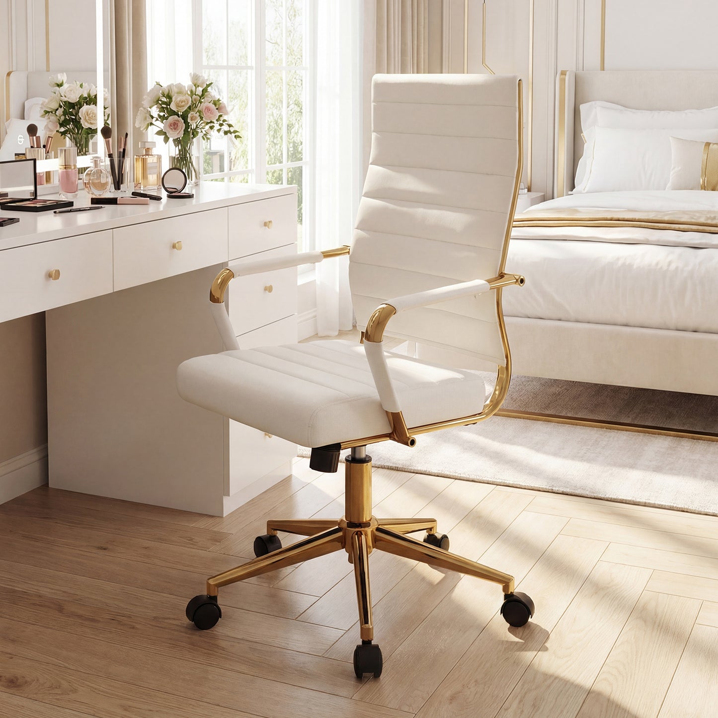 White Gold Office Chair with Ribbed PU Leather & Adjustable Backrest for Indoor-White