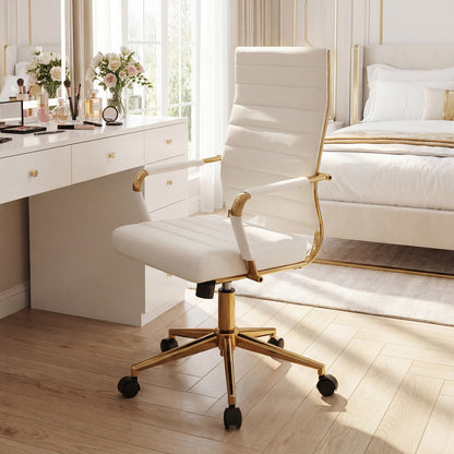 White Gold Office Chair with Ribbed PU Leather & Adjustable Backrest for Indoor-White