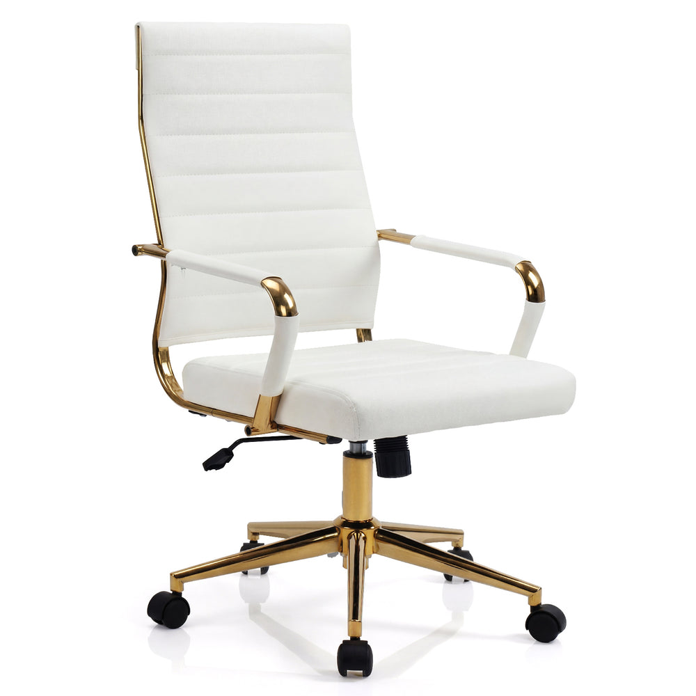 White Gold Office Chair with Ribbed PU Leather & Adjustable Backrest for Indoor-White