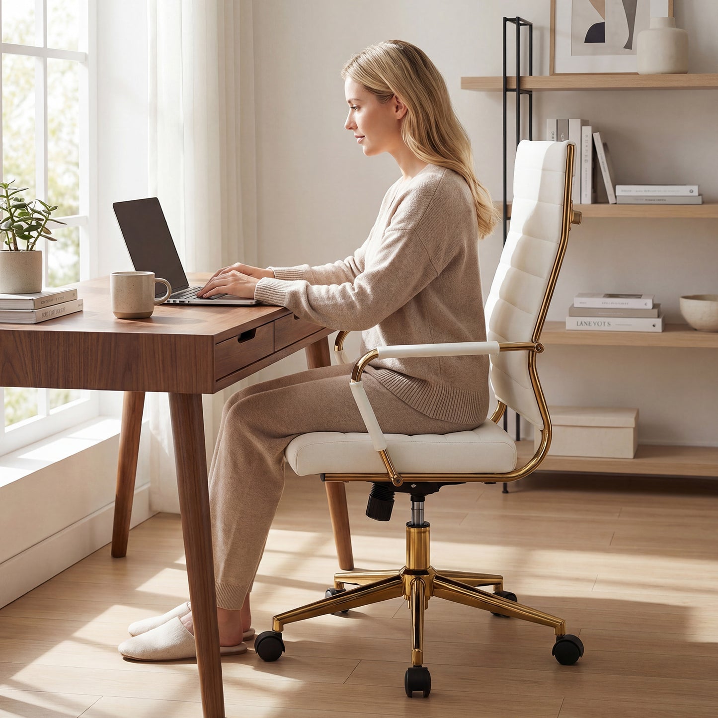 White Gold Office Chair with Ribbed PU Leather & Adjustable Backrest for Indoor-White