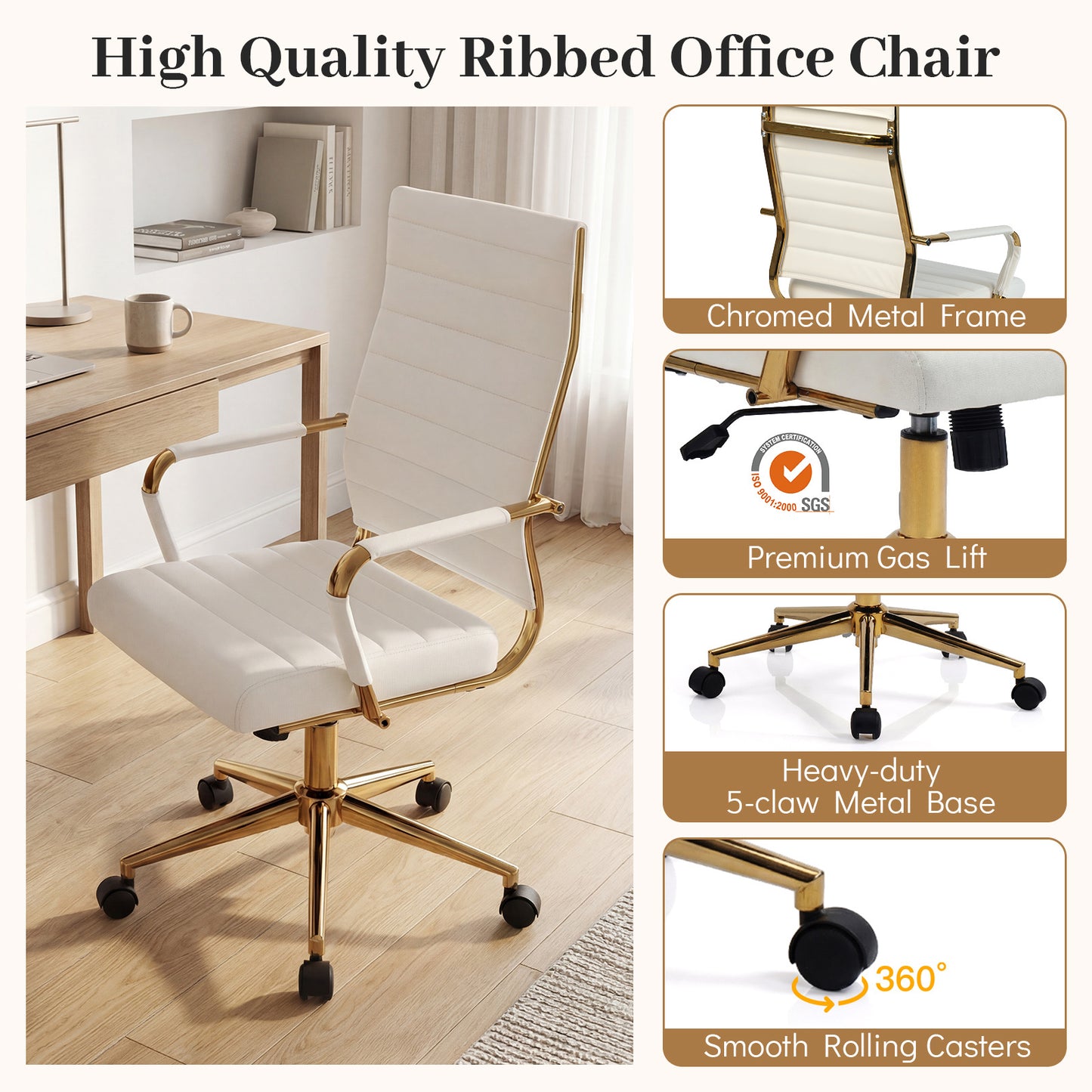 White Gold Office Chair with Ribbed PU Leather & Adjustable Backrest for Indoor-White