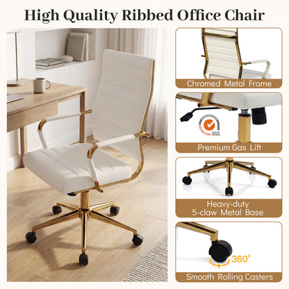 White Gold Office Chair with Ribbed PU Leather & Adjustable Backrest for Indoor-White